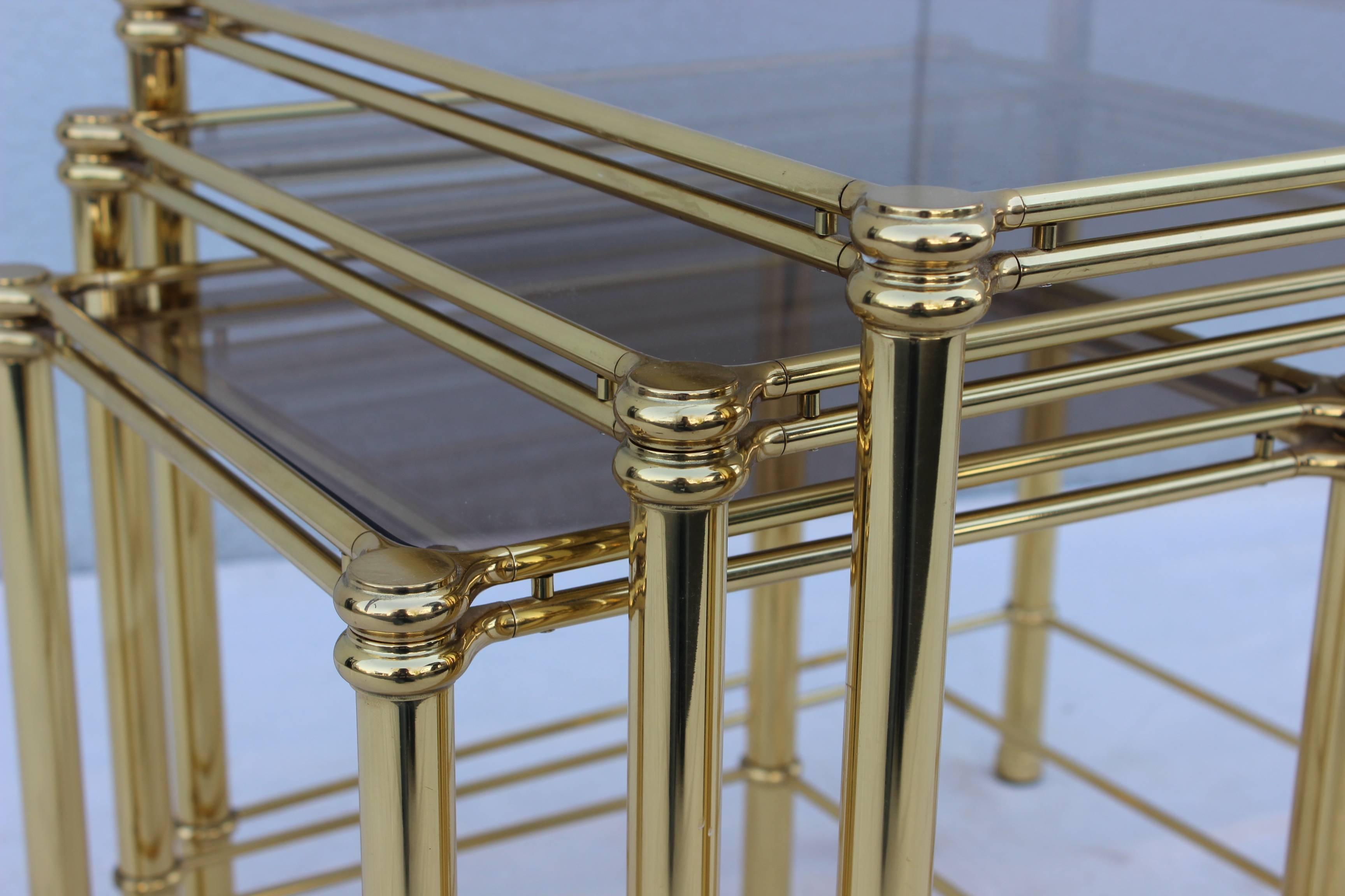 1960's Mid-Century Modern Italian Brass And Glass Nesting Tables For Sale 1