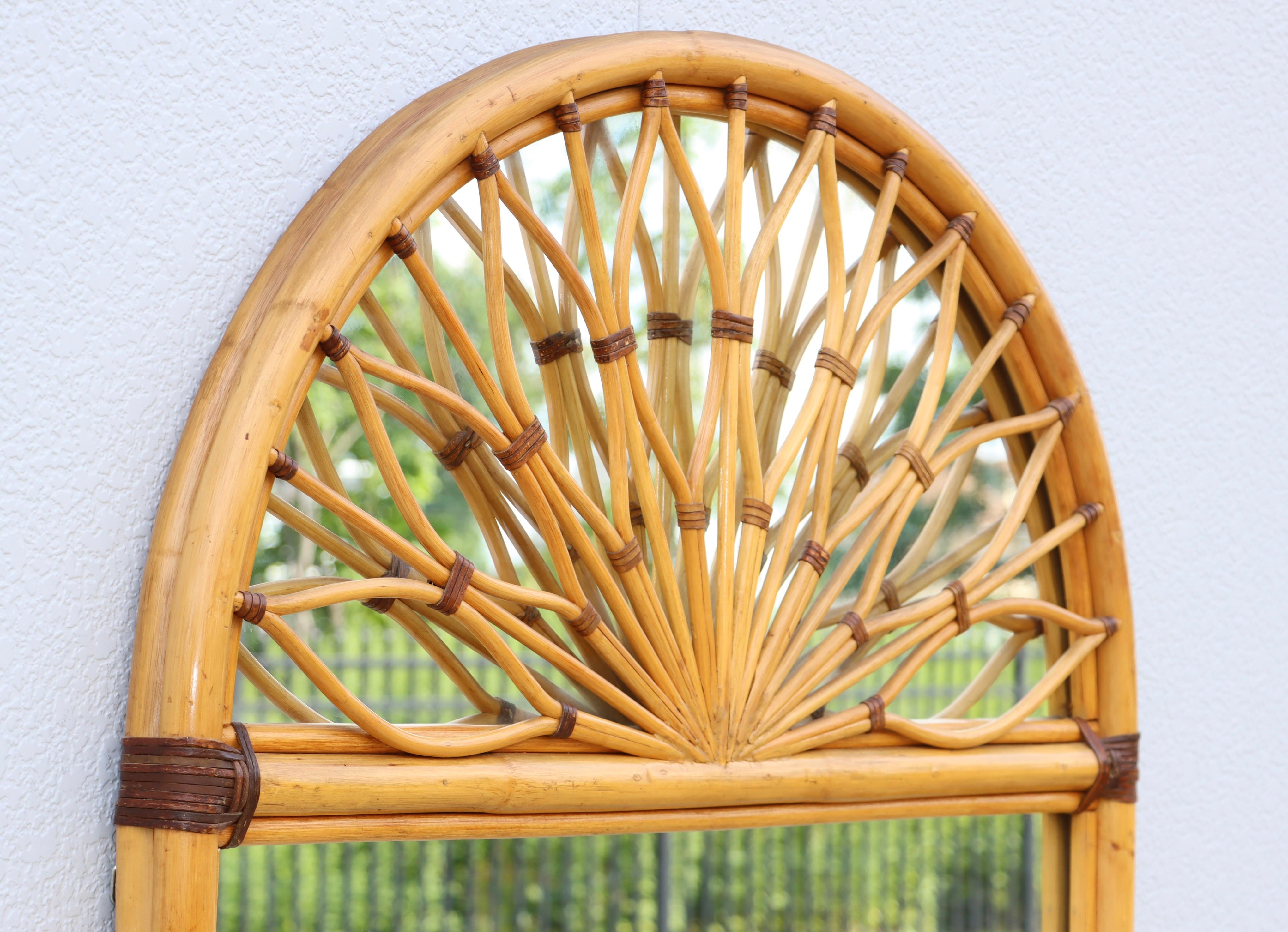 Late 20th Century Oversize Dome Top Rattan And Bamboo Wall Mirror For Sale