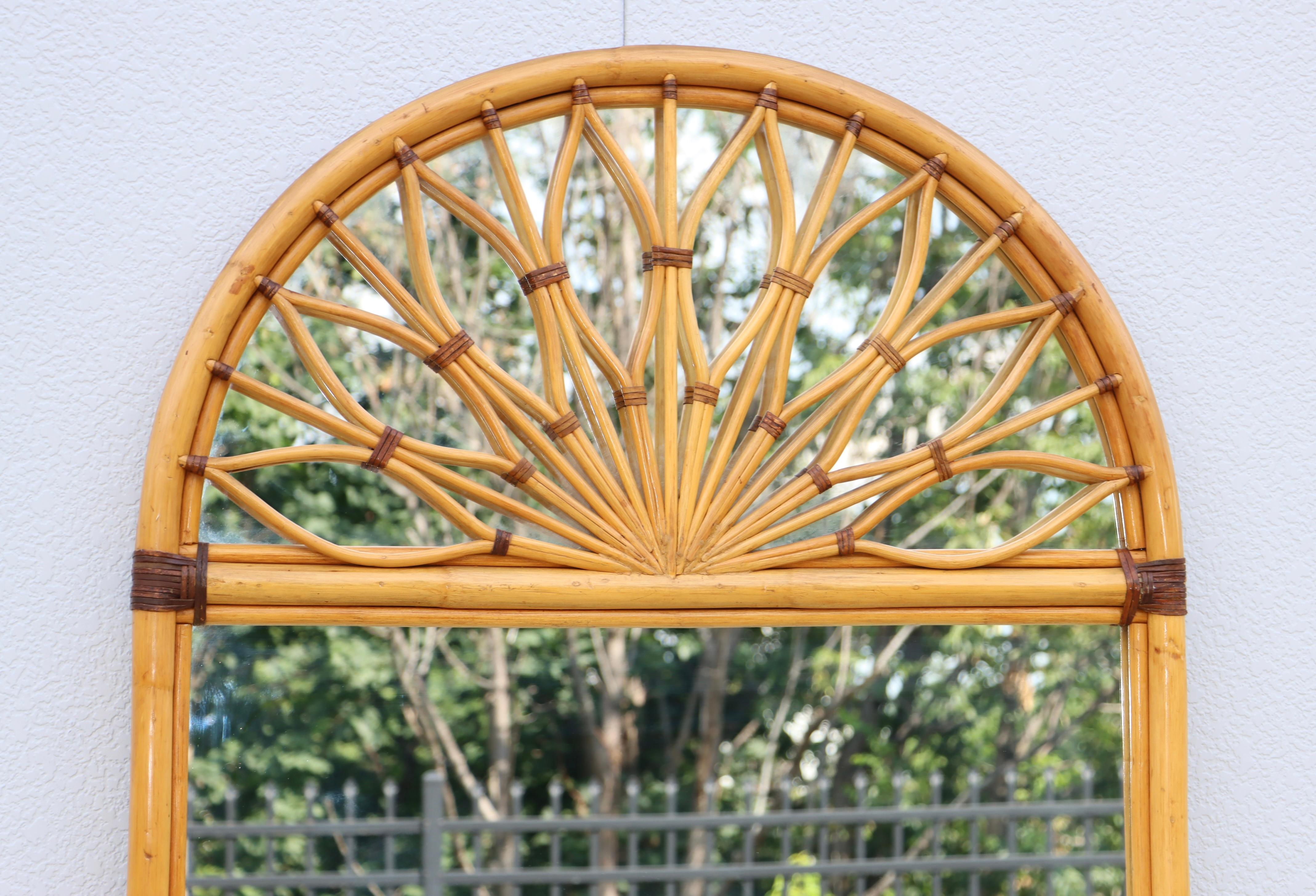 Oversize Dome Top Rattan And Bamboo Wall Mirror In Good Condition For Sale In New York, NY