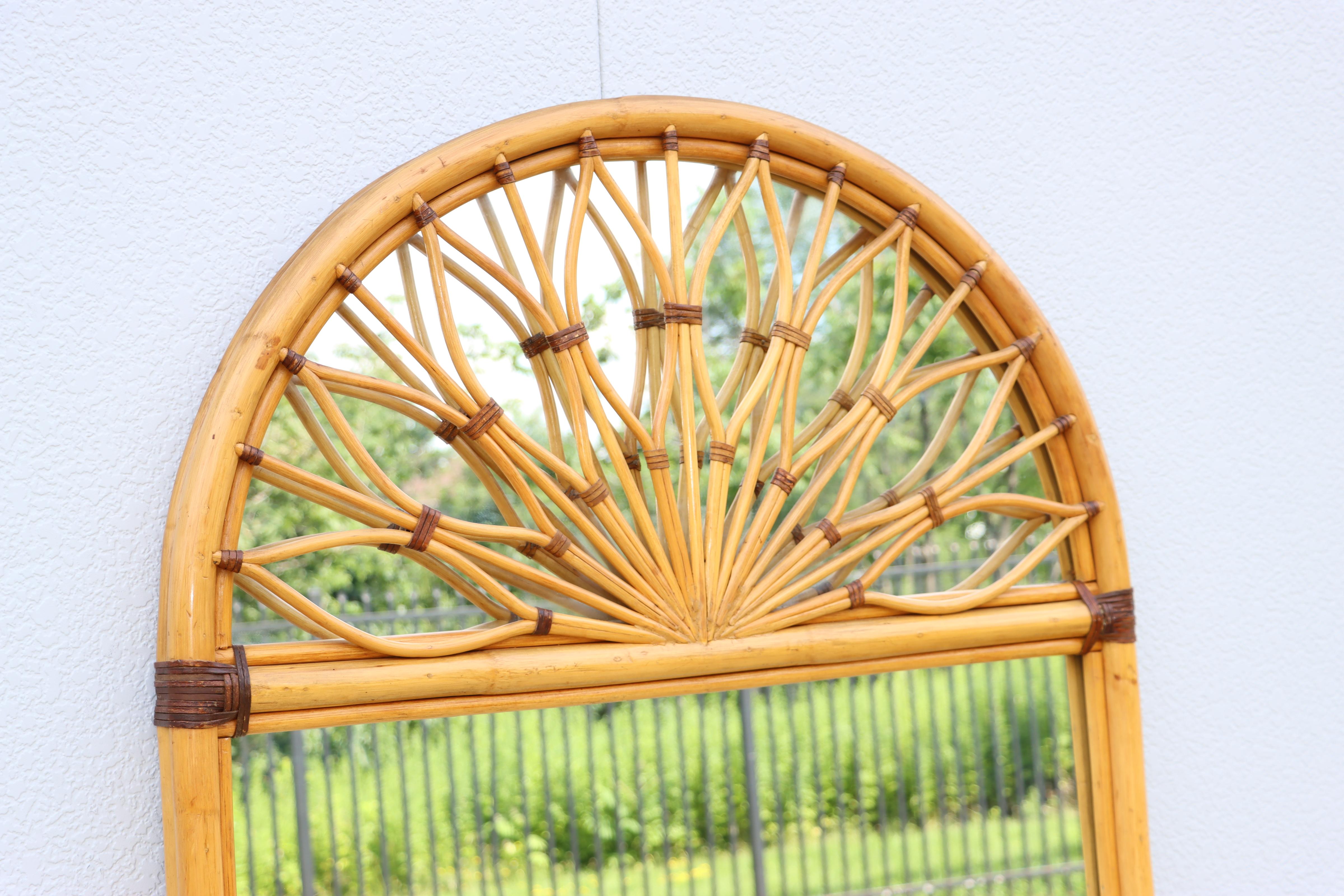 Oversize Dome Top Rattan And Bamboo Wall Mirror For Sale 3