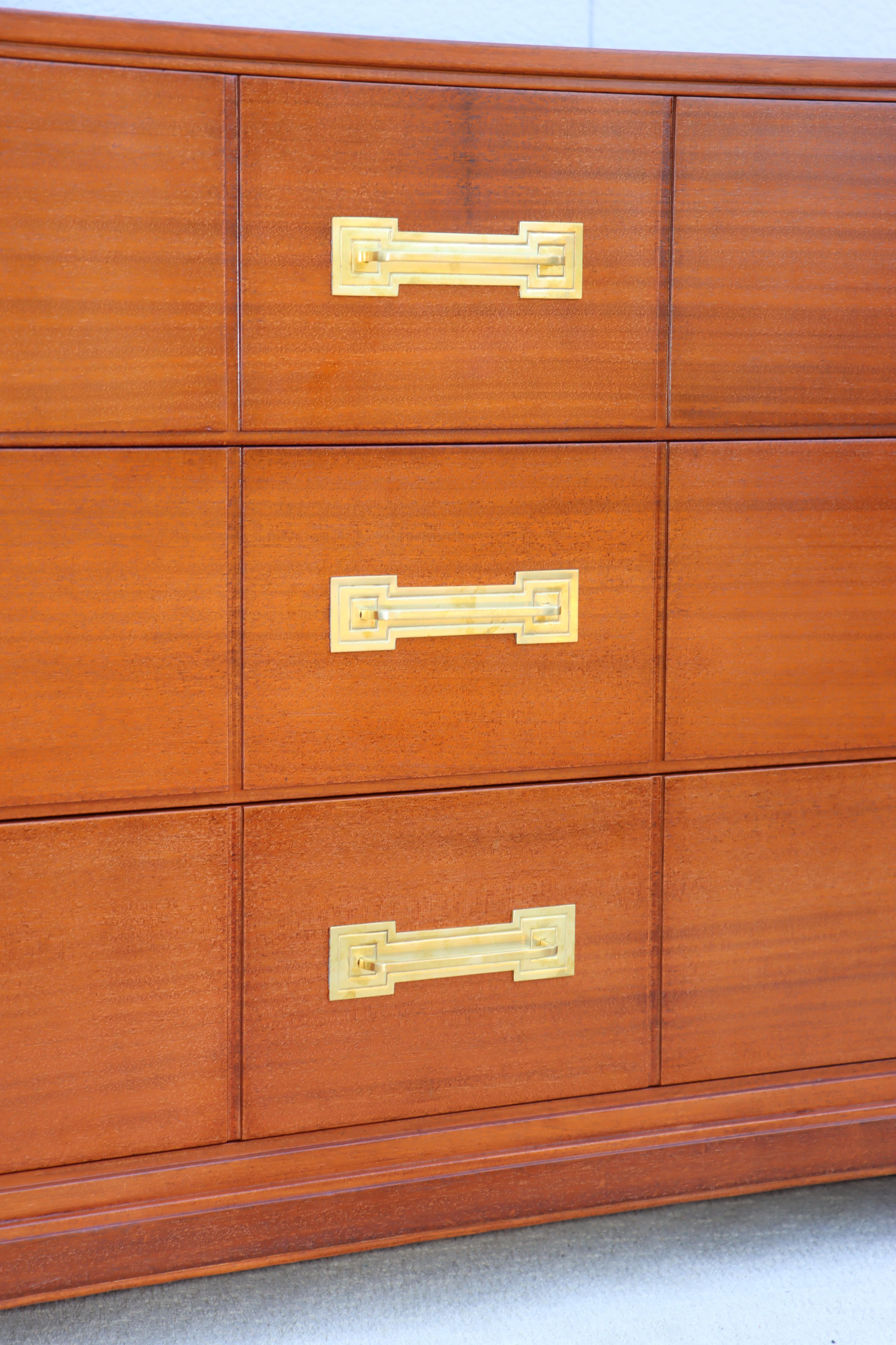 Tommi Parzinger For Charak Modern Mahogany And Brass Tall Chest Of Drawers For Sale 9