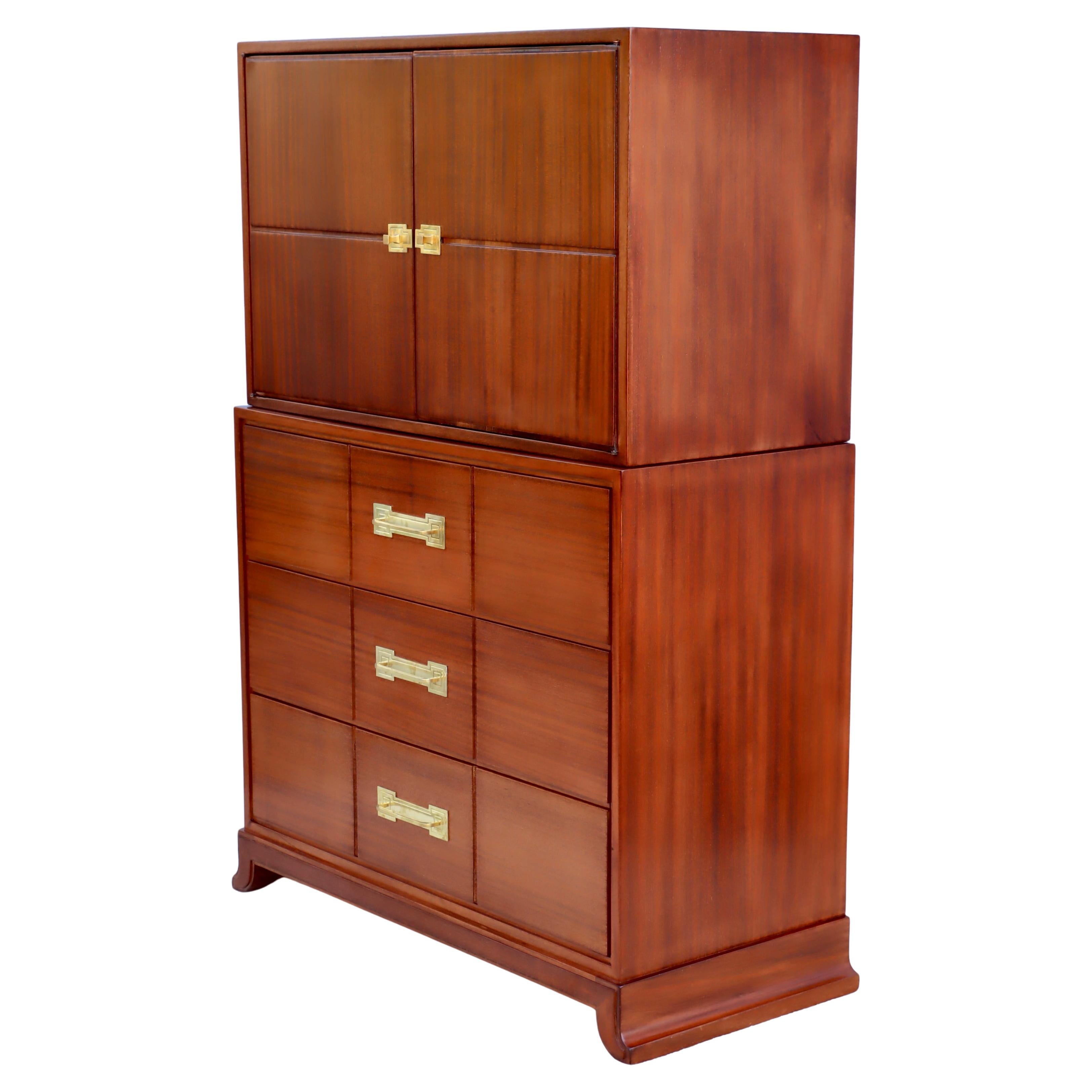 Tommi Parzinger For Charak Modern Mahogany And Brass Tall Chest Of Drawers For Sale