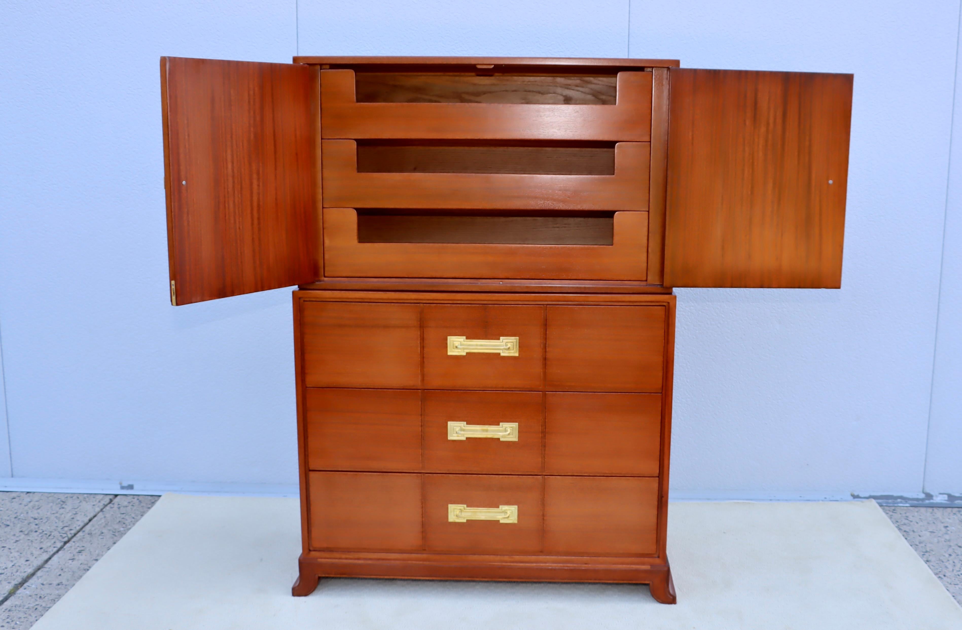American Tommi Parzinger For Charak Modern Mahogany And Brass Tall Chest Of Drawers For Sale