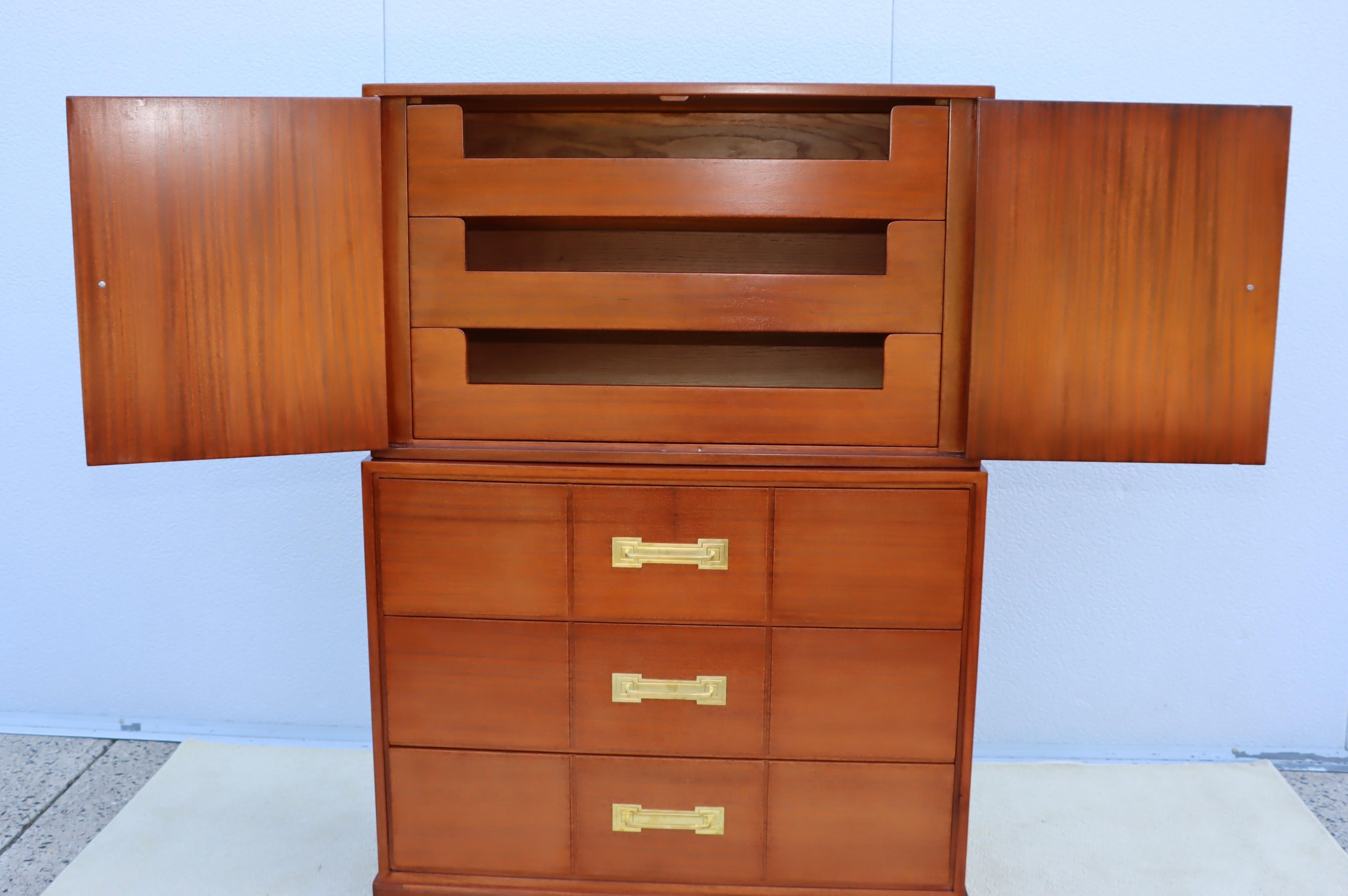 Tommi Parzinger For Charak Modern Mahogany And Brass Tall Chest Of Drawers In Good Condition For Sale In New York, NY