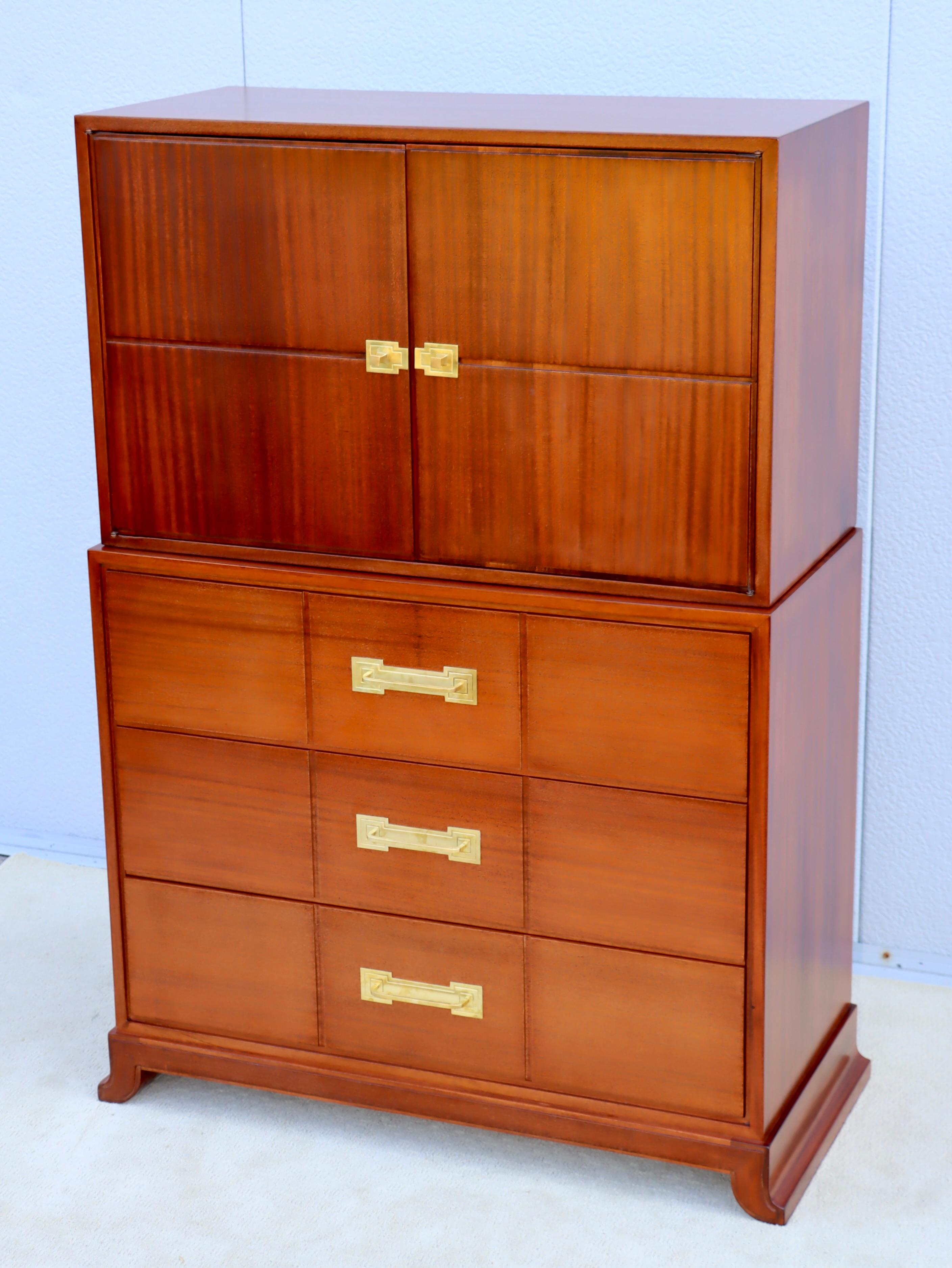 Mid-Century Modern Tommi Parzinger For Charak Modern Mahogany And Brass Tall Chest Of Drawers For Sale