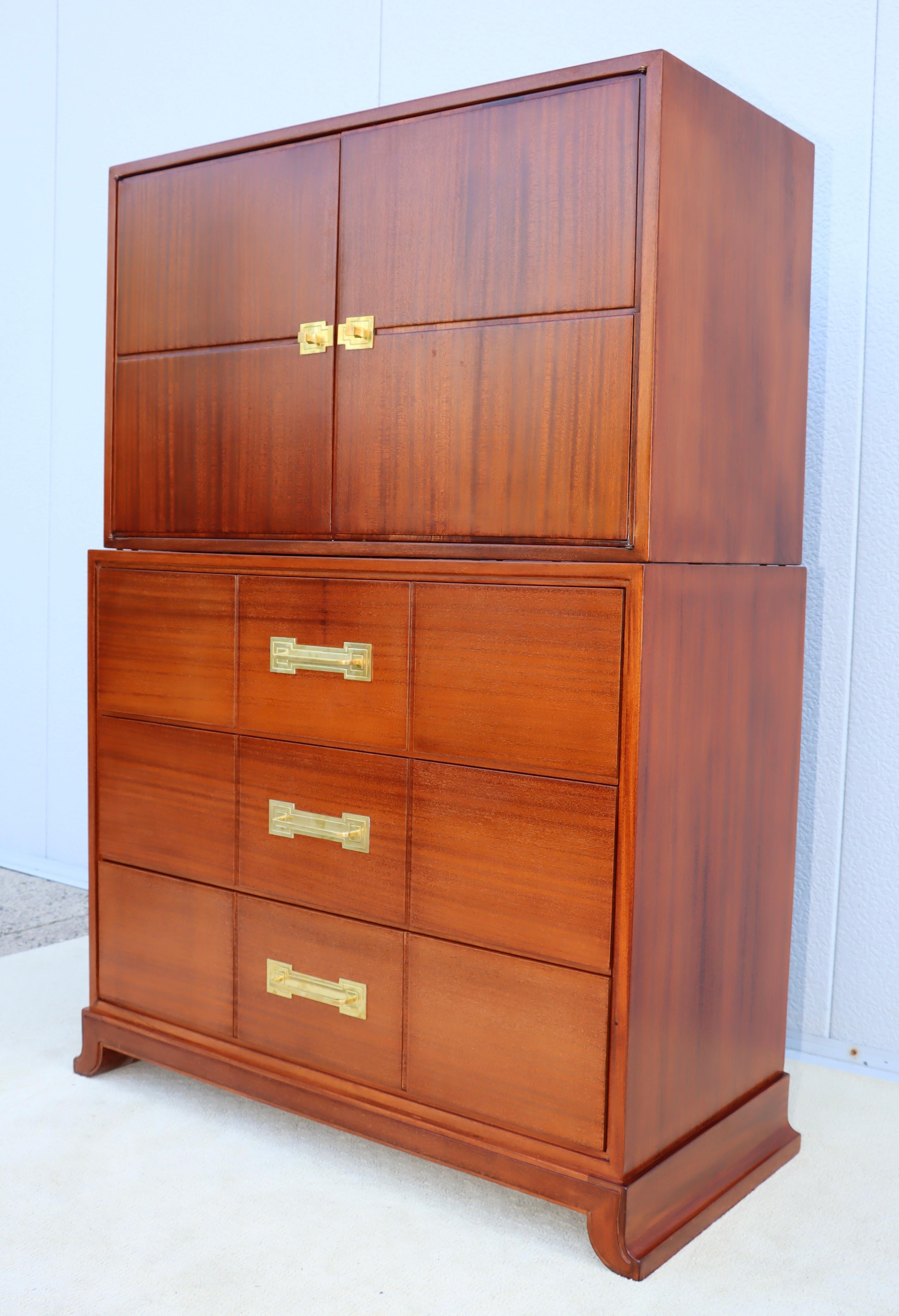 Tommi Parzinger For Charak Modern Mahogany And Brass Tall Chest Of Drawers For Sale 1