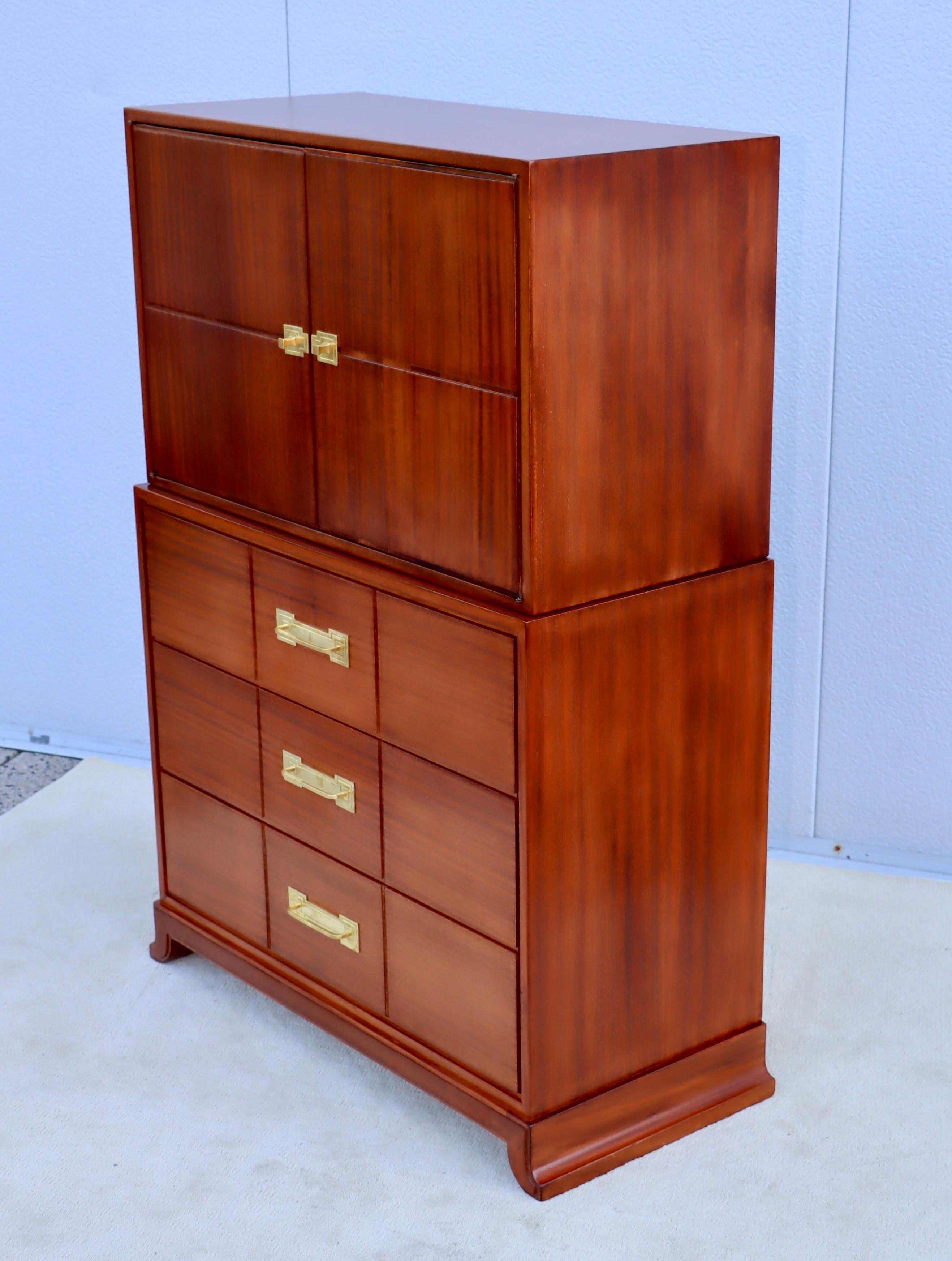 Tommi Parzinger For Charak Modern Mahogany And Brass Tall Chest Of Drawers For Sale 3