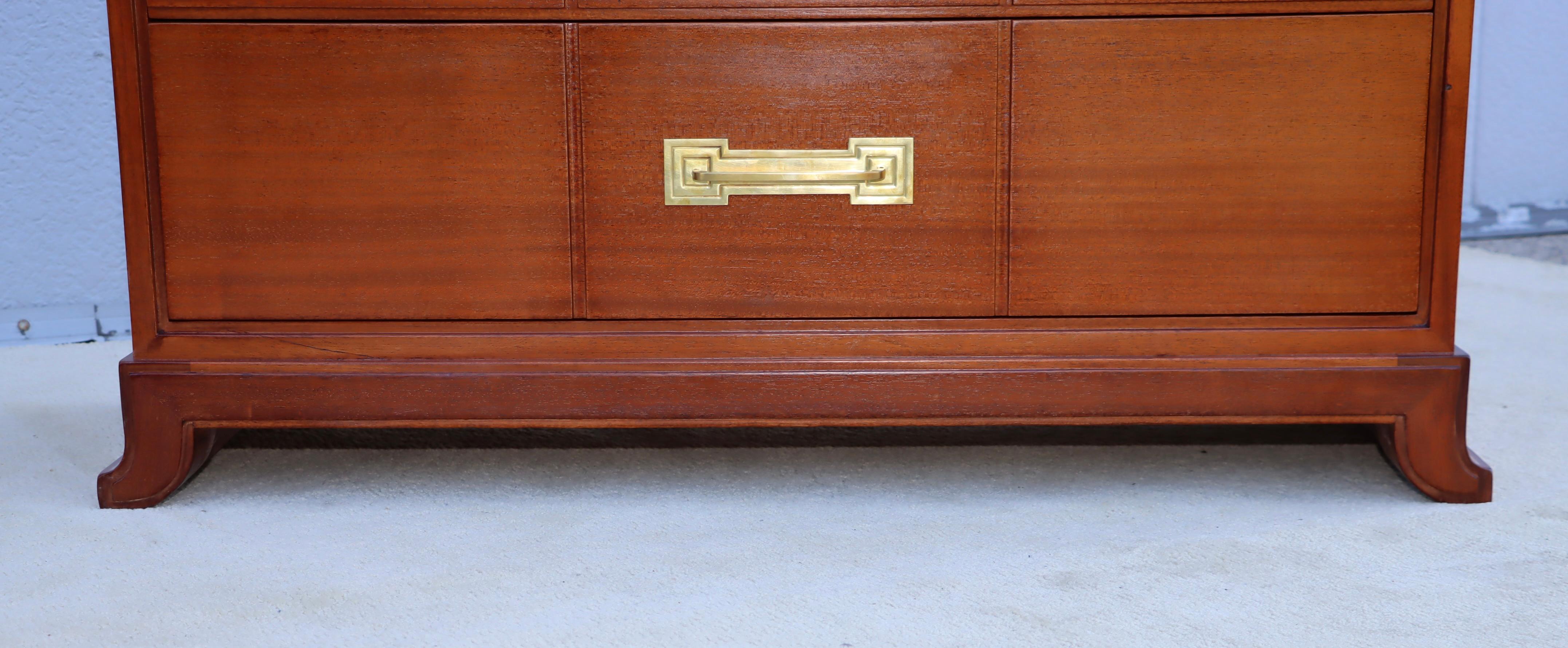 Tommi Parzinger For Charak Modern Mahogany And Brass Tall Chest Of Drawers For Sale 5