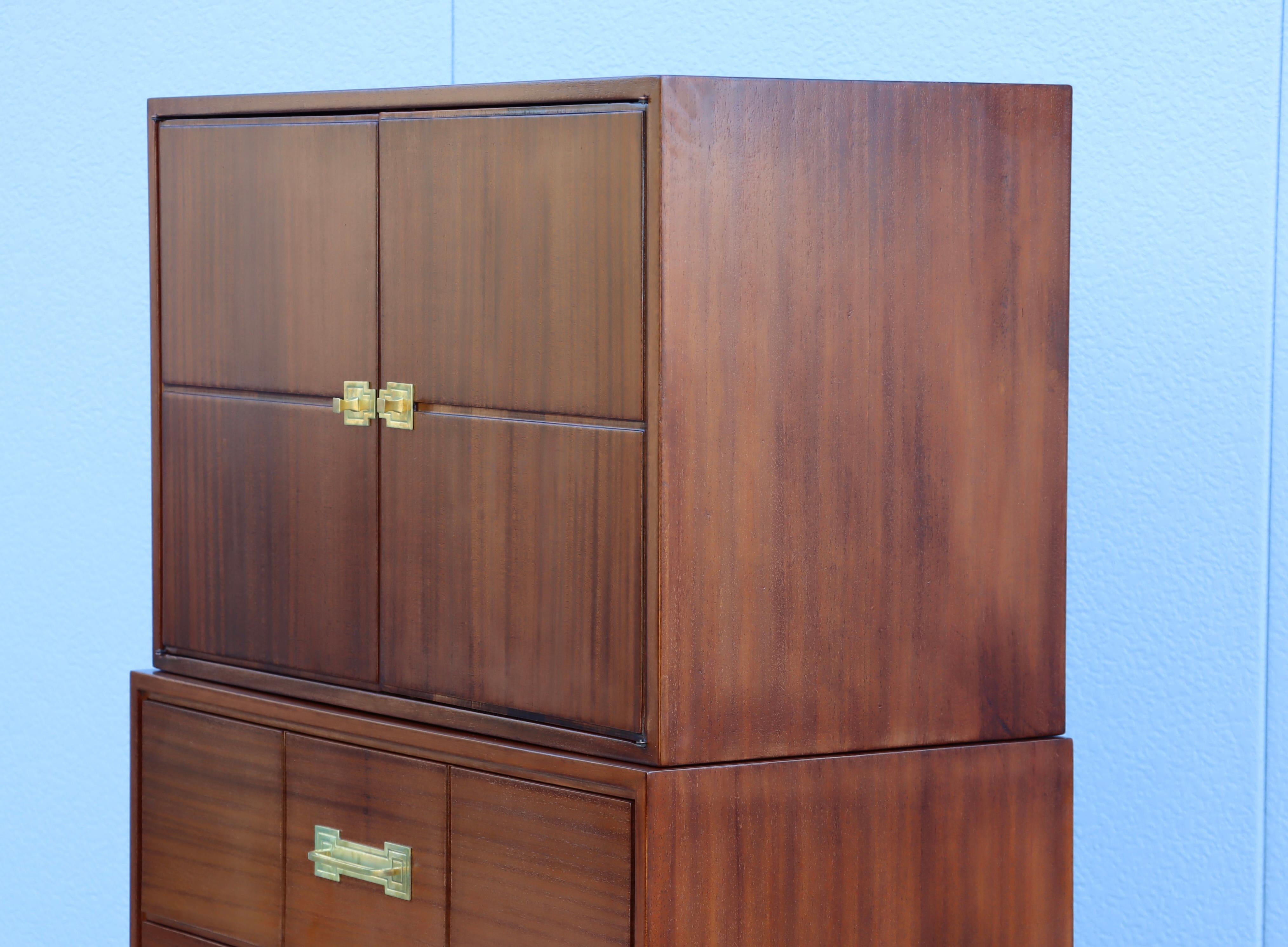 Tommi Parzinger For Charak Modern Mahogany And Brass Tall Chest Of Drawers For Sale 2