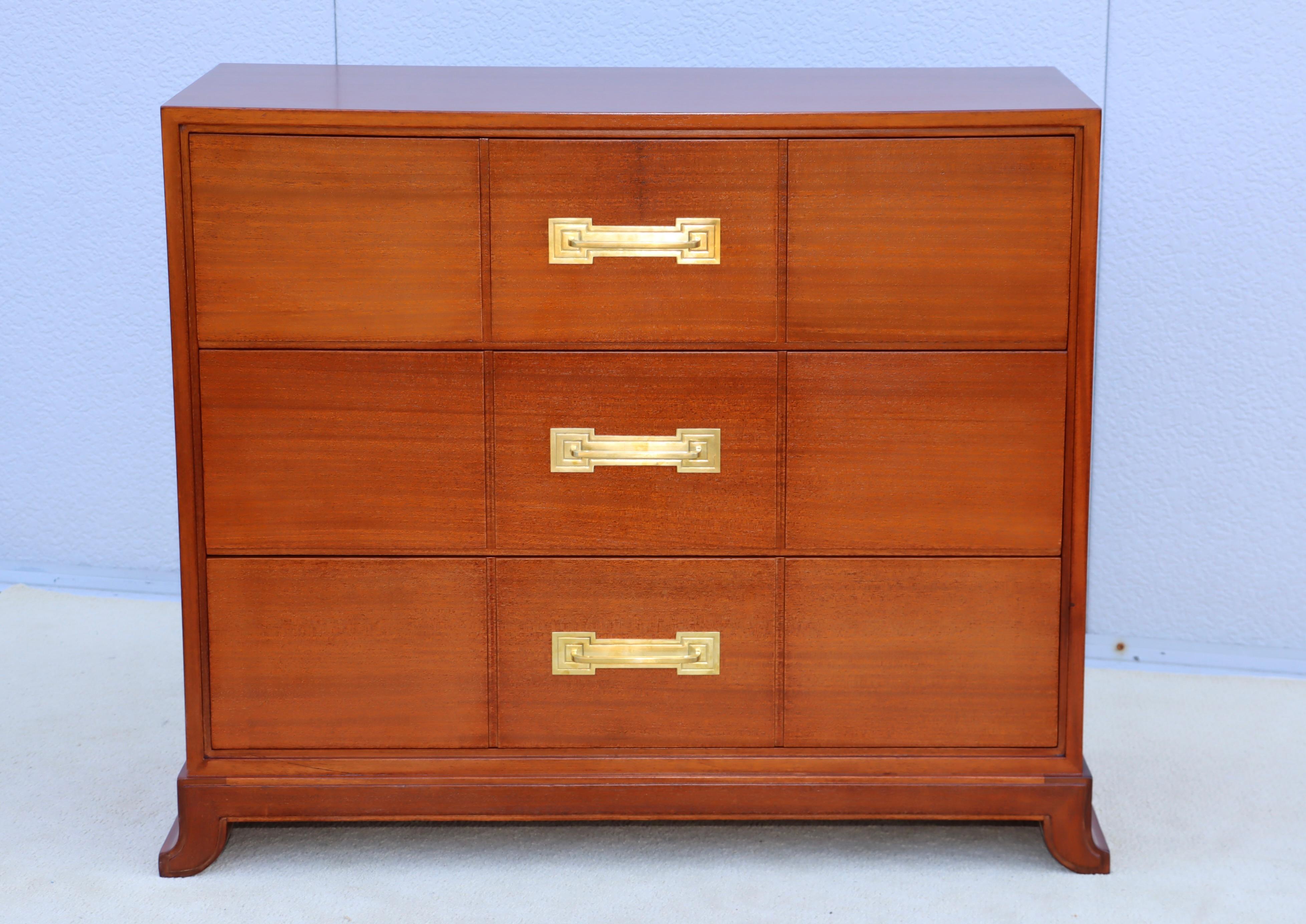 Tommi Parzinger For Charak Modern Mahogany And Brass Tall Chest Of Drawers For Sale 6
