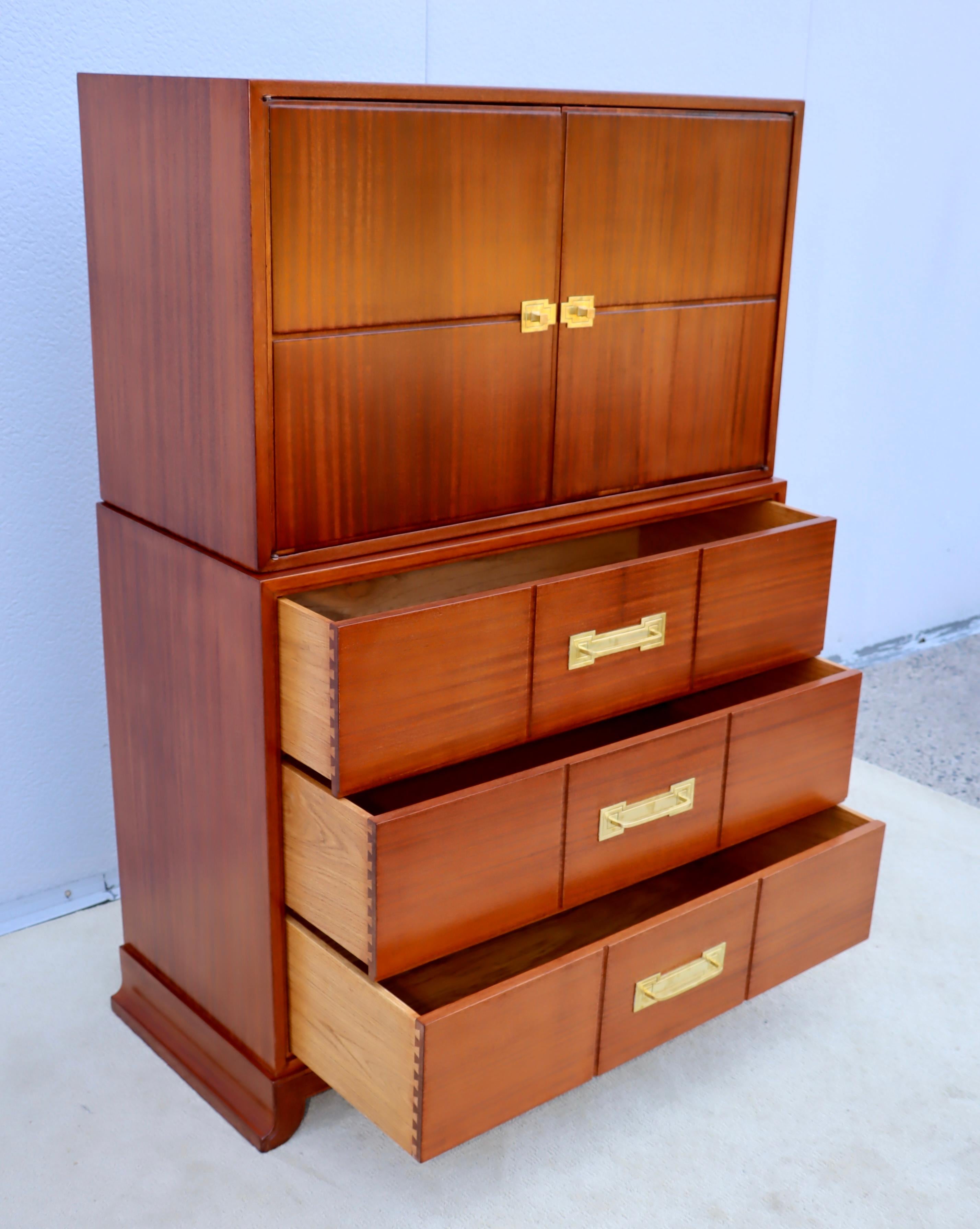 Tommi Parzinger For Charak Modern Mahogany And Brass Tall Chest Of Drawers For Sale 10