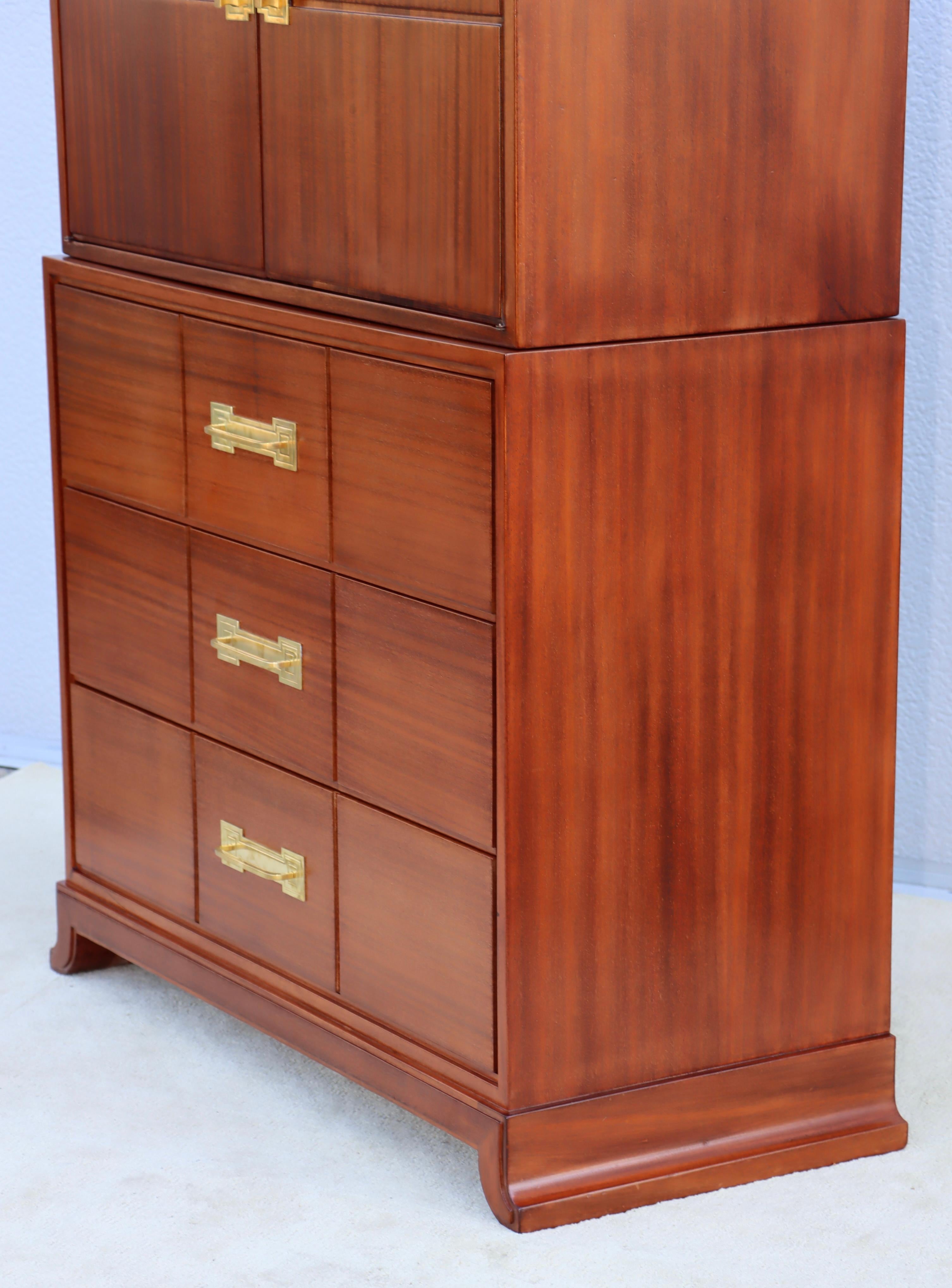 Tommi Parzinger For Charak Modern Mahogany And Brass Tall Chest Of Drawers For Sale 12