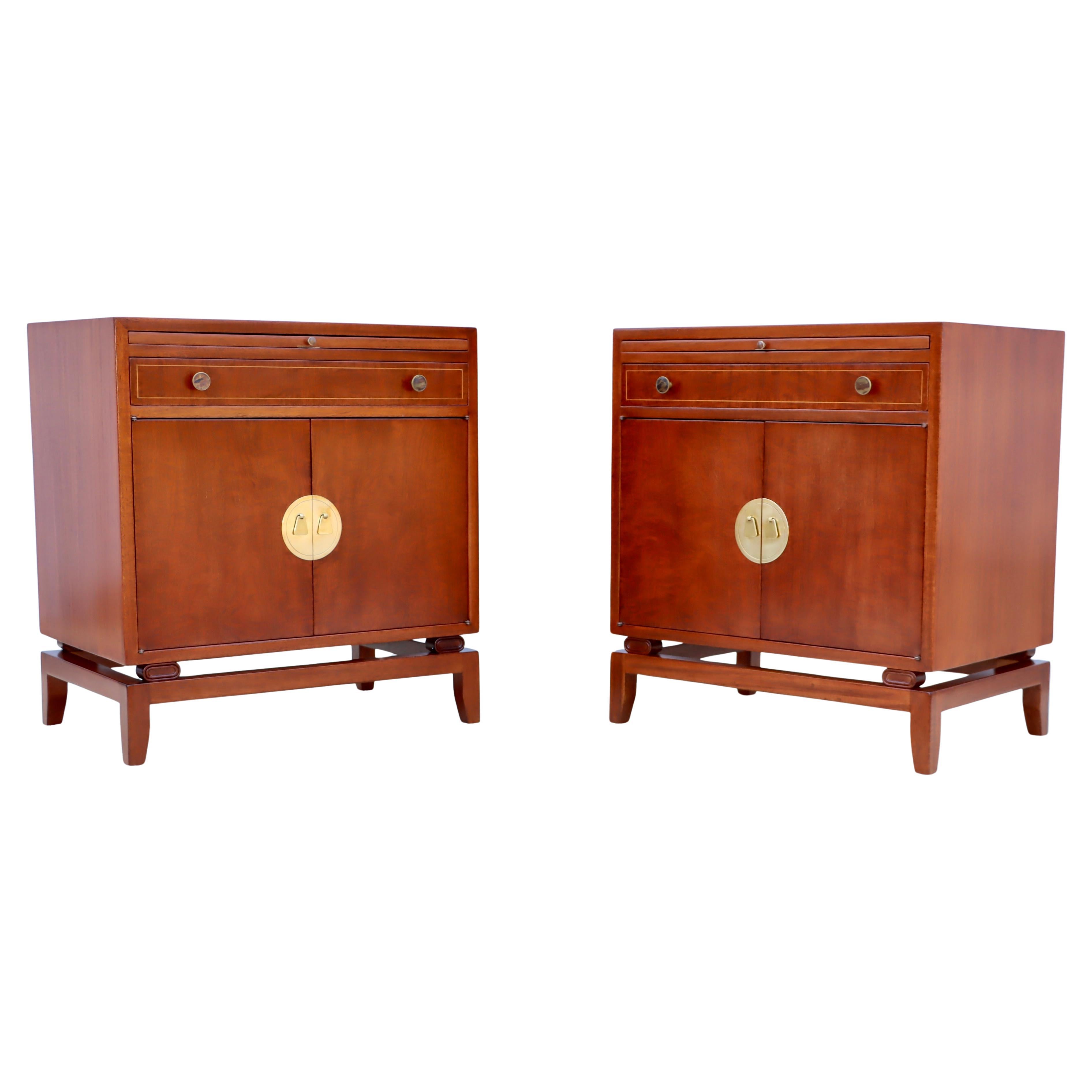 Rare Pair Of Tommi Parzinger For Charak Modern Mahogany And Brass Night Stands For Sale