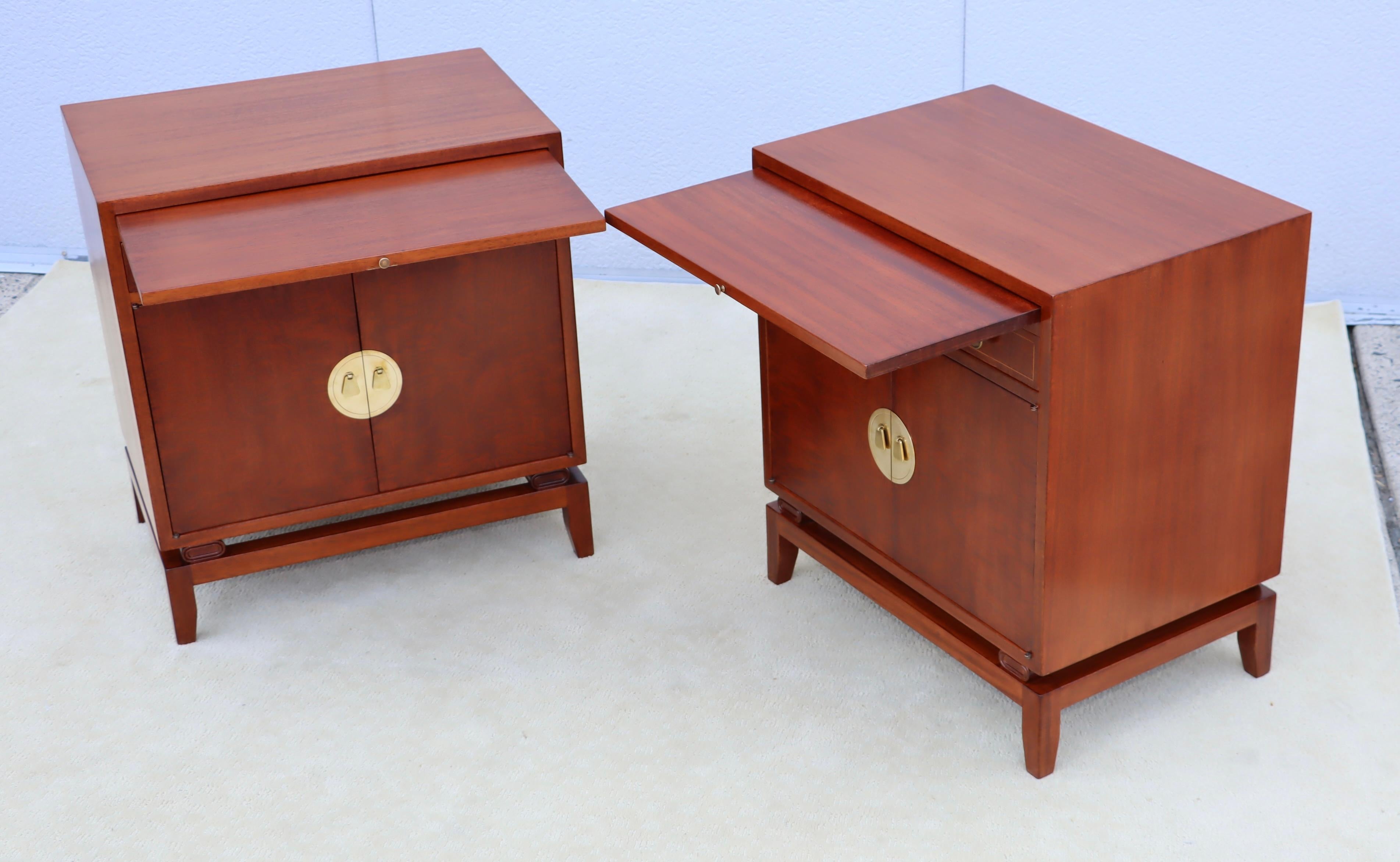 Rare Pair Of Tommi Parzinger For Charak Modern Mahogany And Brass Night Stands For Sale 1