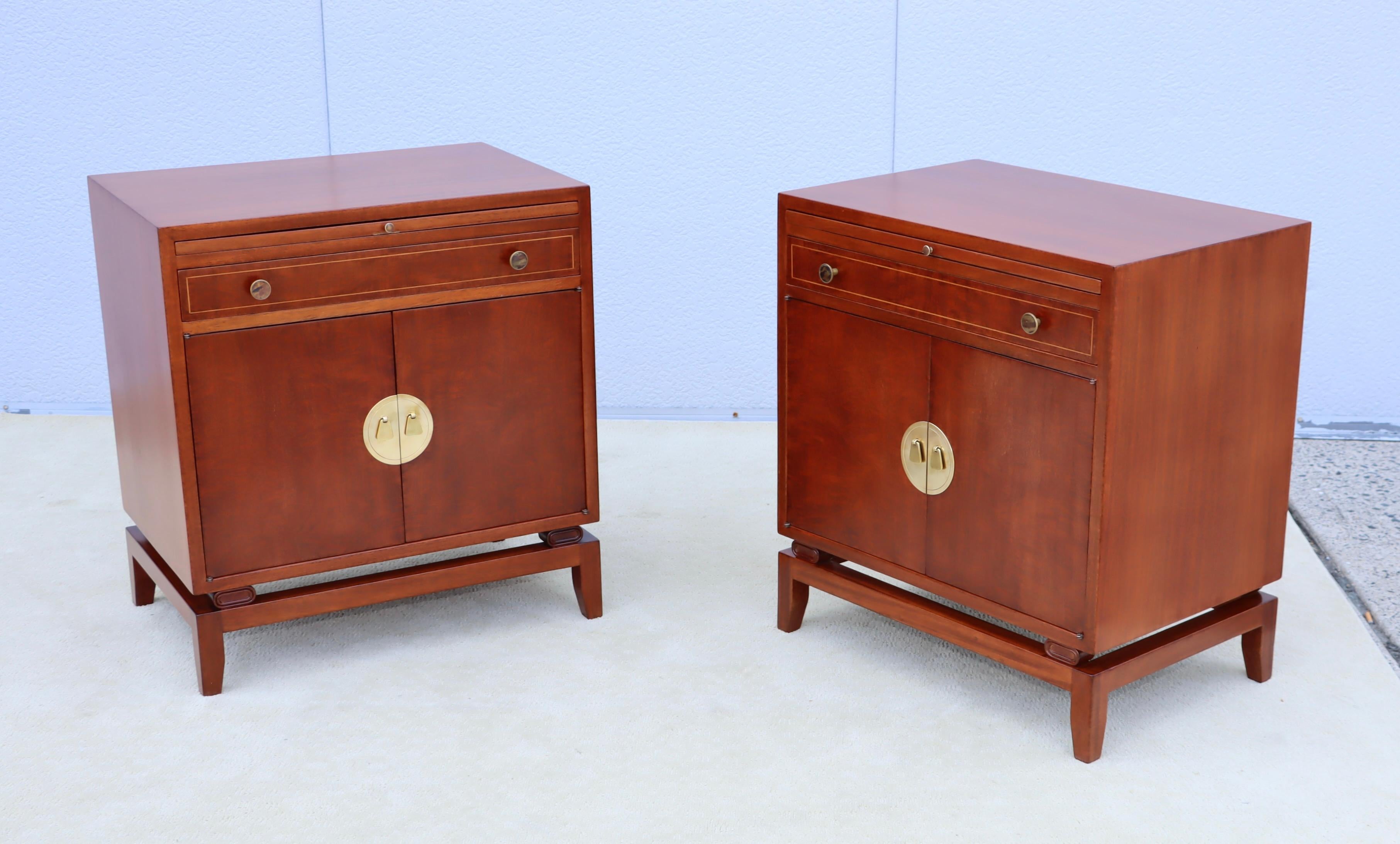 Mid-20th Century Rare Pair Of Tommi Parzinger For Charak Modern Mahogany And Brass Night Stands For Sale