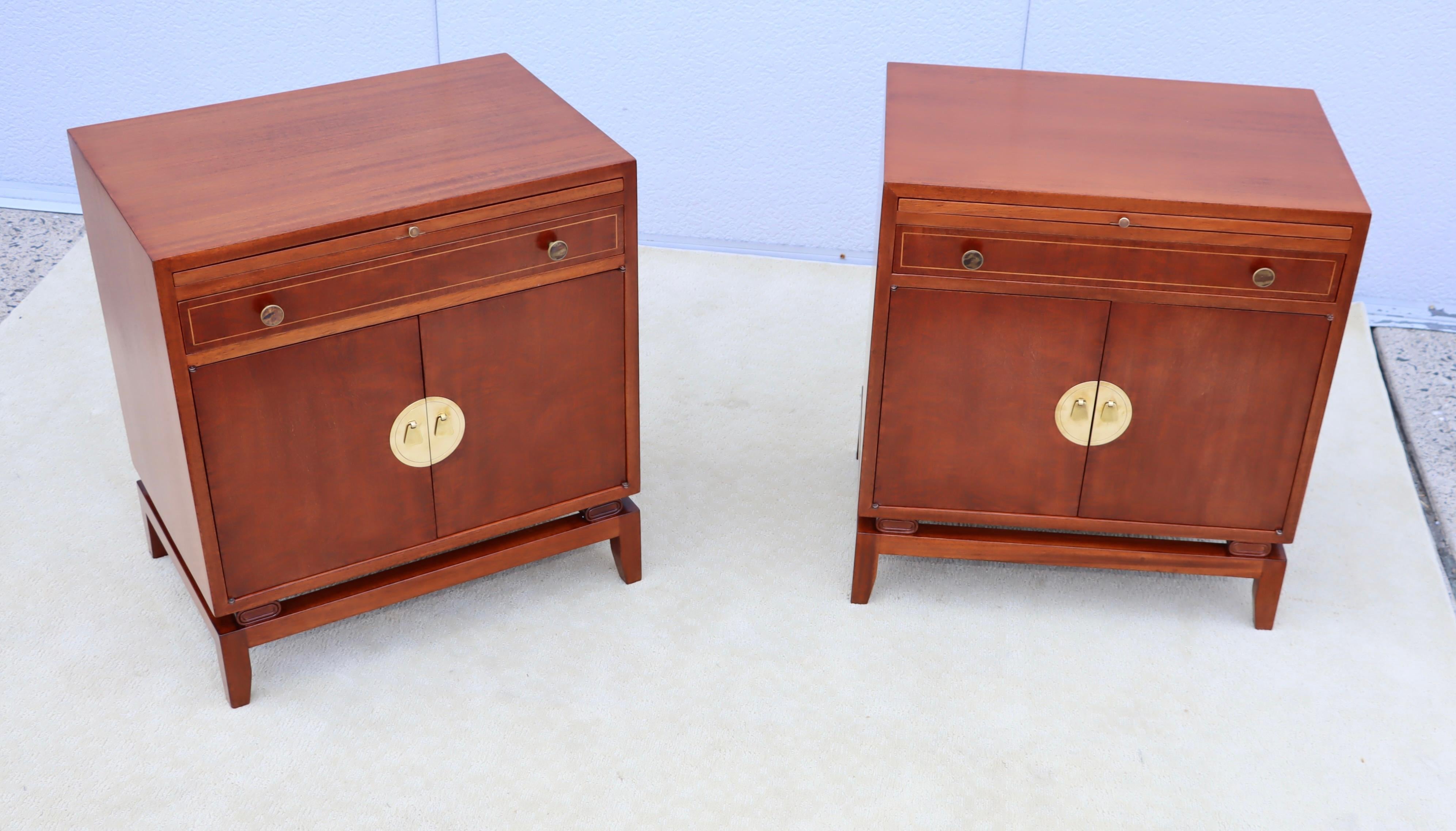 Mid-Century Modern Rare Pair Of Tommi Parzinger For Charak Modern Mahogany And Brass Night Stands For Sale