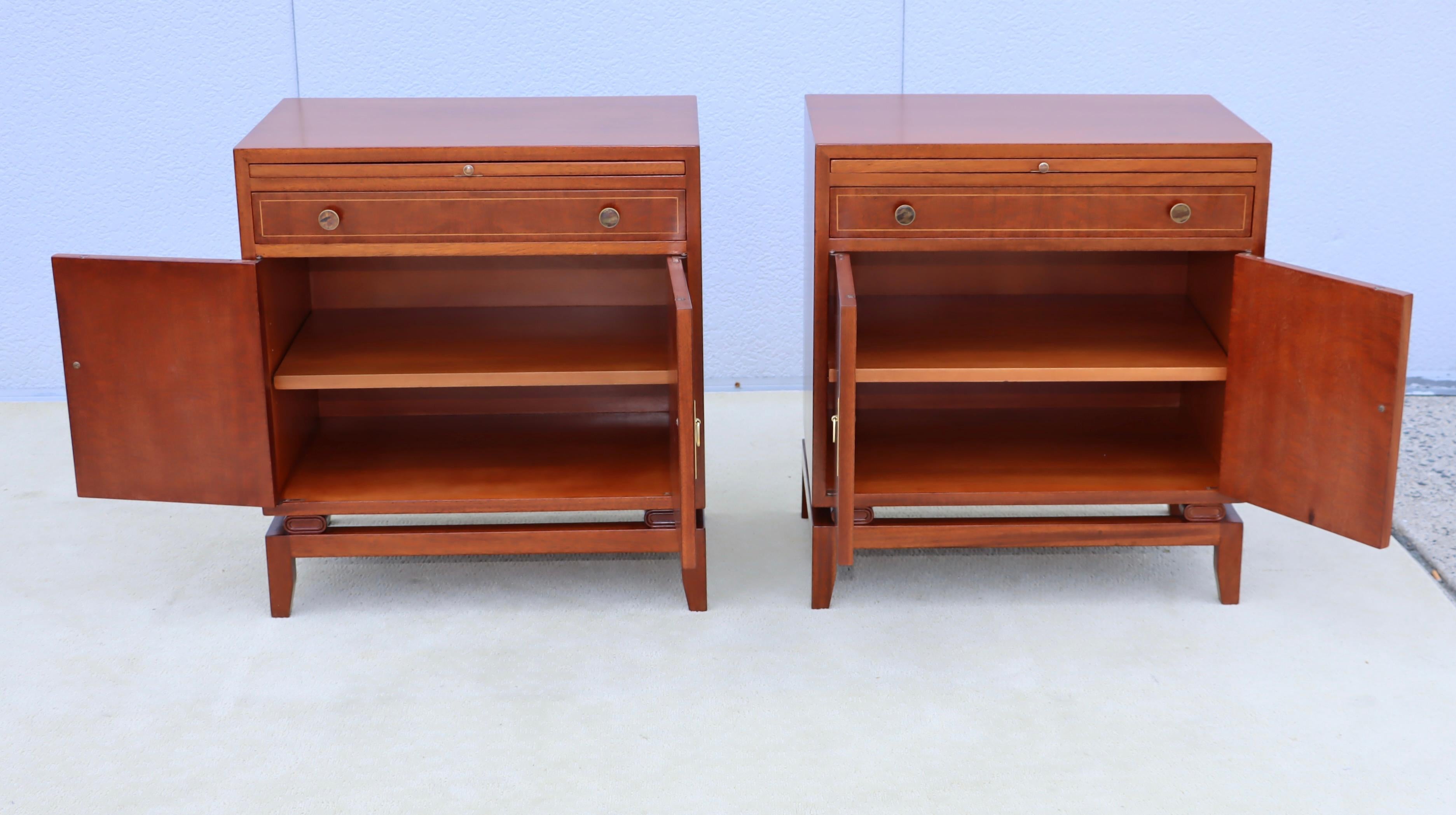 Rare Pair Of Tommi Parzinger For Charak Modern Mahogany And Brass Night Stands In Good Condition For Sale In New York, NY