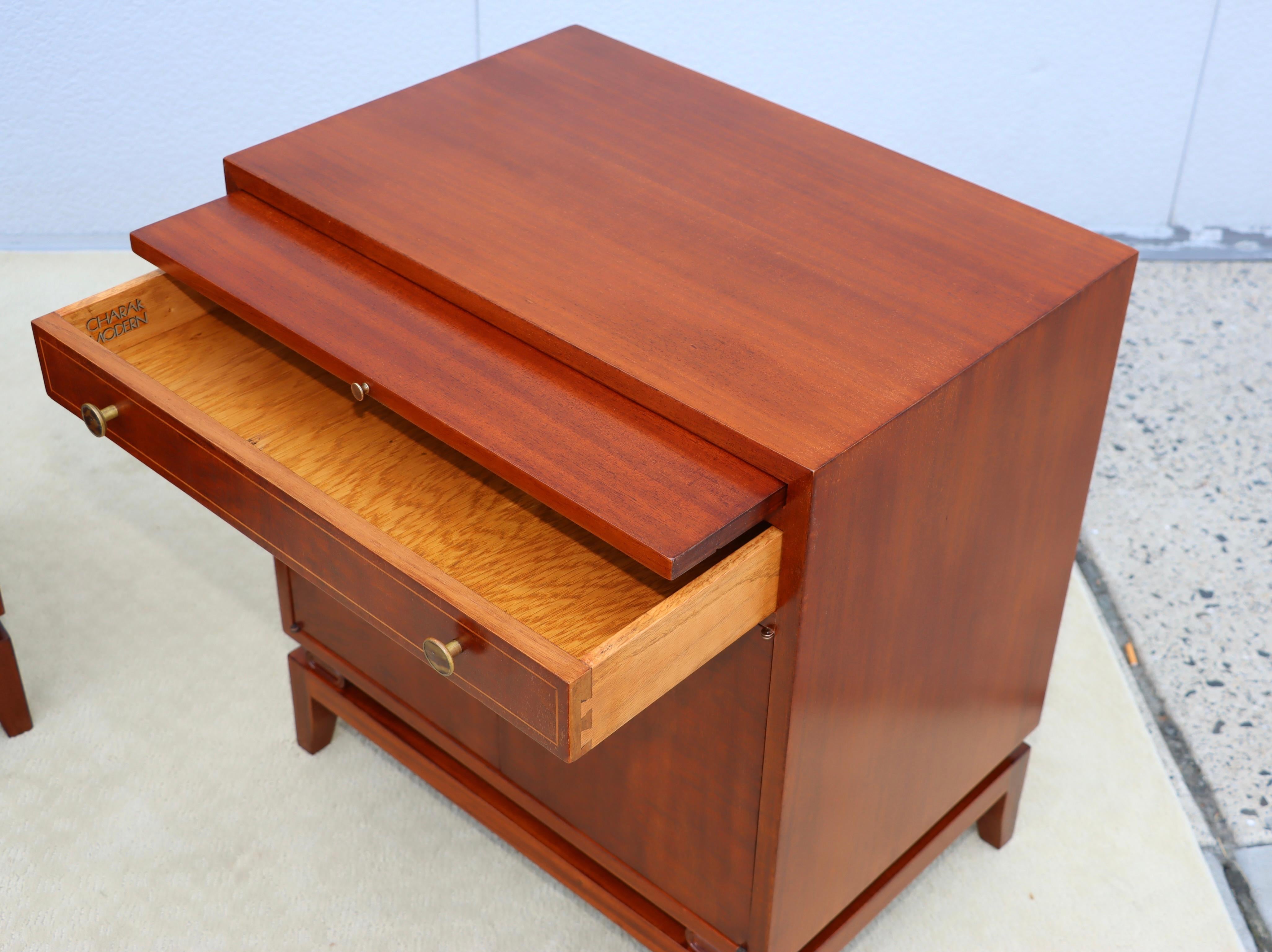 Rare Pair Of Tommi Parzinger For Charak Modern Mahogany And Brass Night Stands For Sale 2