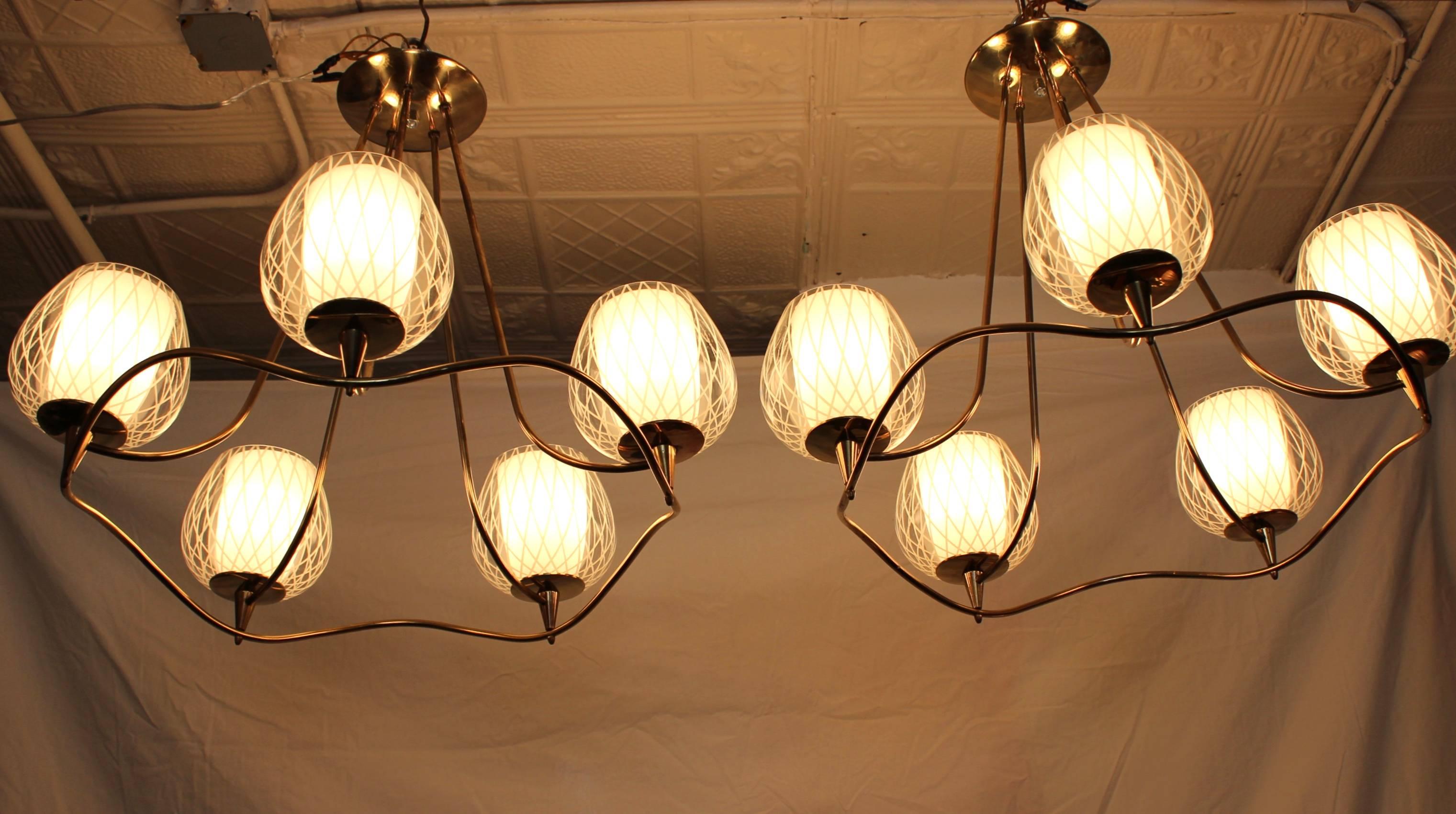 American 1950s Modern Brass and Glass Chandeliers by Lightolier