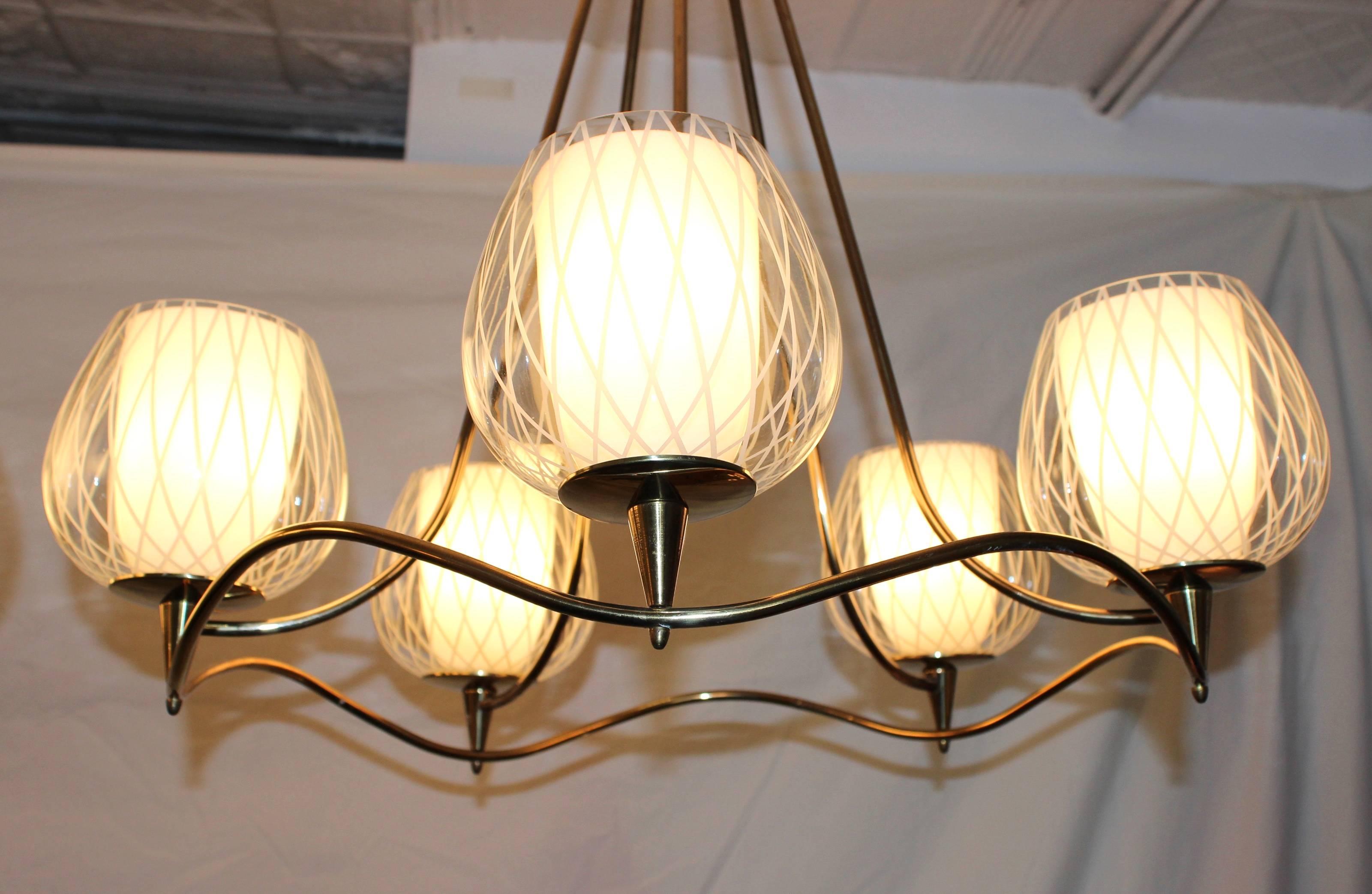 1950s Modern Brass and Glass Chandeliers by Lightolier In Good Condition In New York, NY