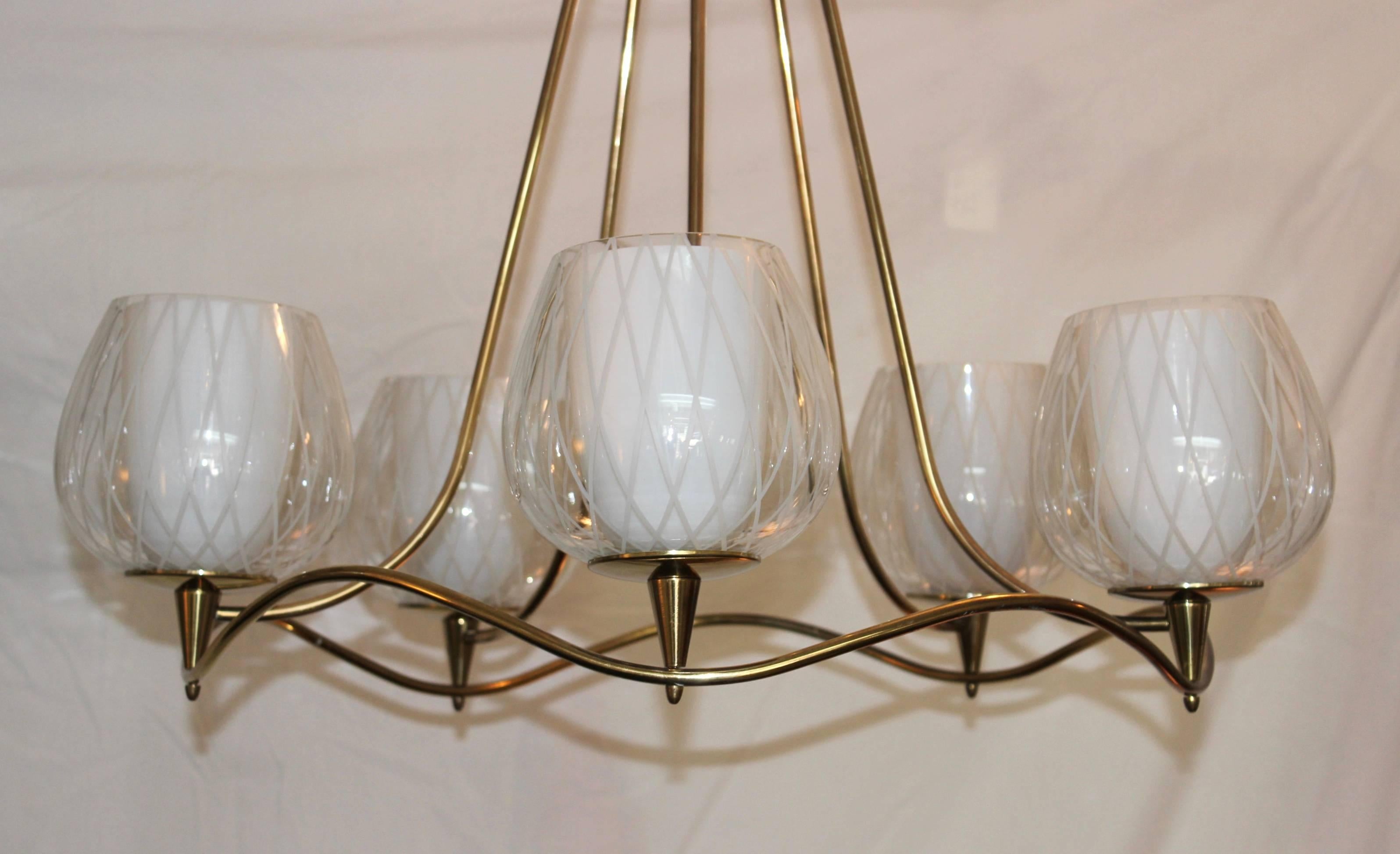 20th Century 1950s Modern Brass and Glass Chandeliers by Lightolier