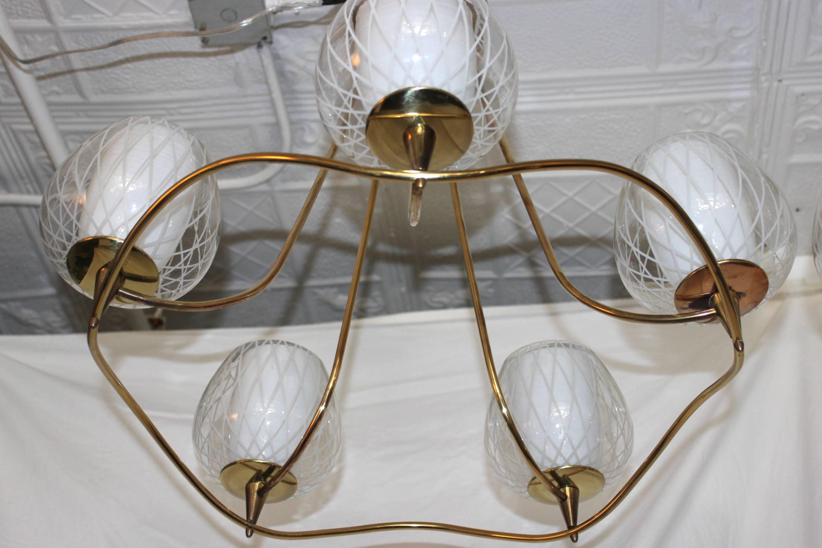 1950s Modern Brass and Glass Chandeliers by Lightolier 1