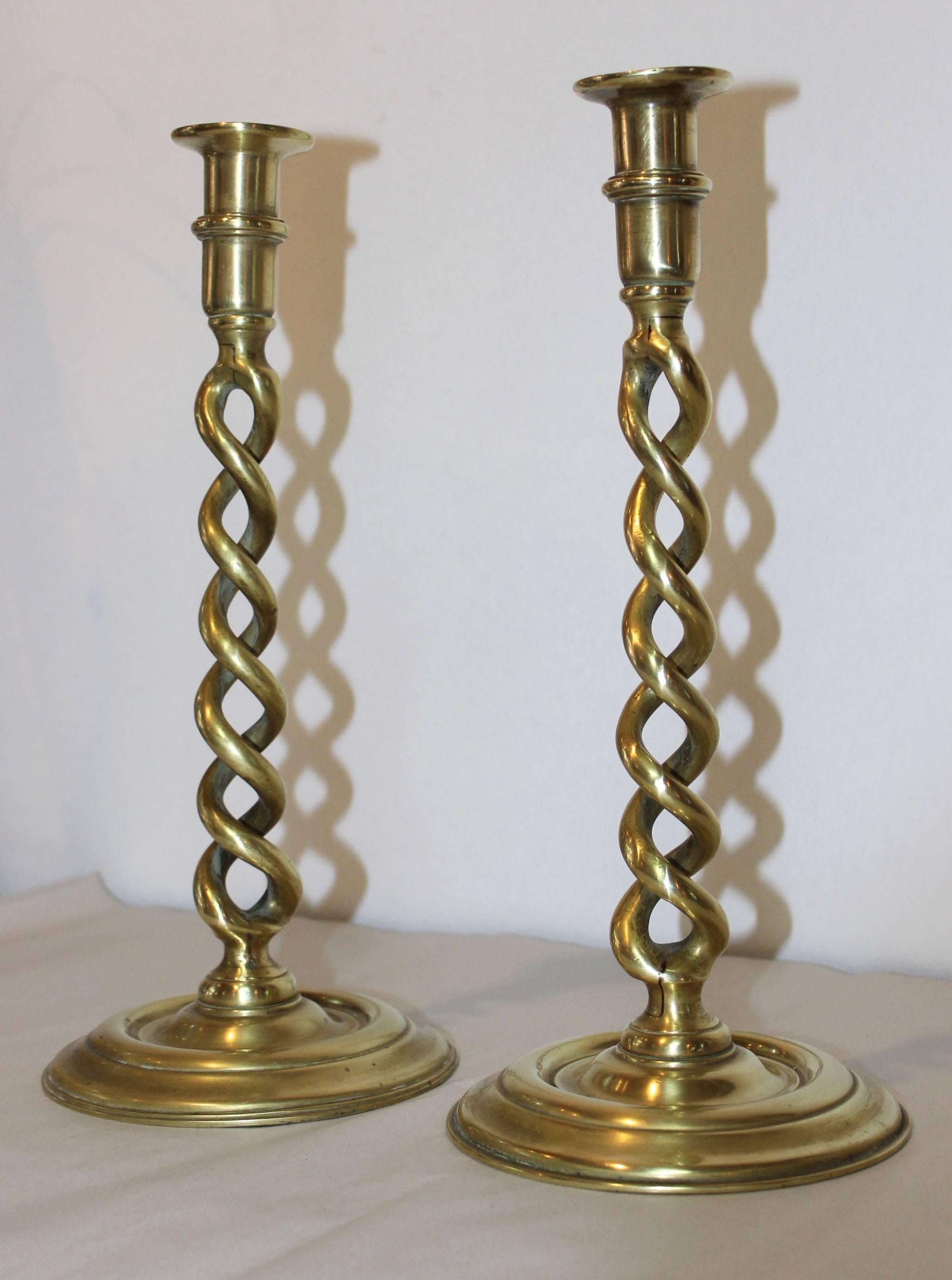 1940s English brass spiral twist candlesticks.