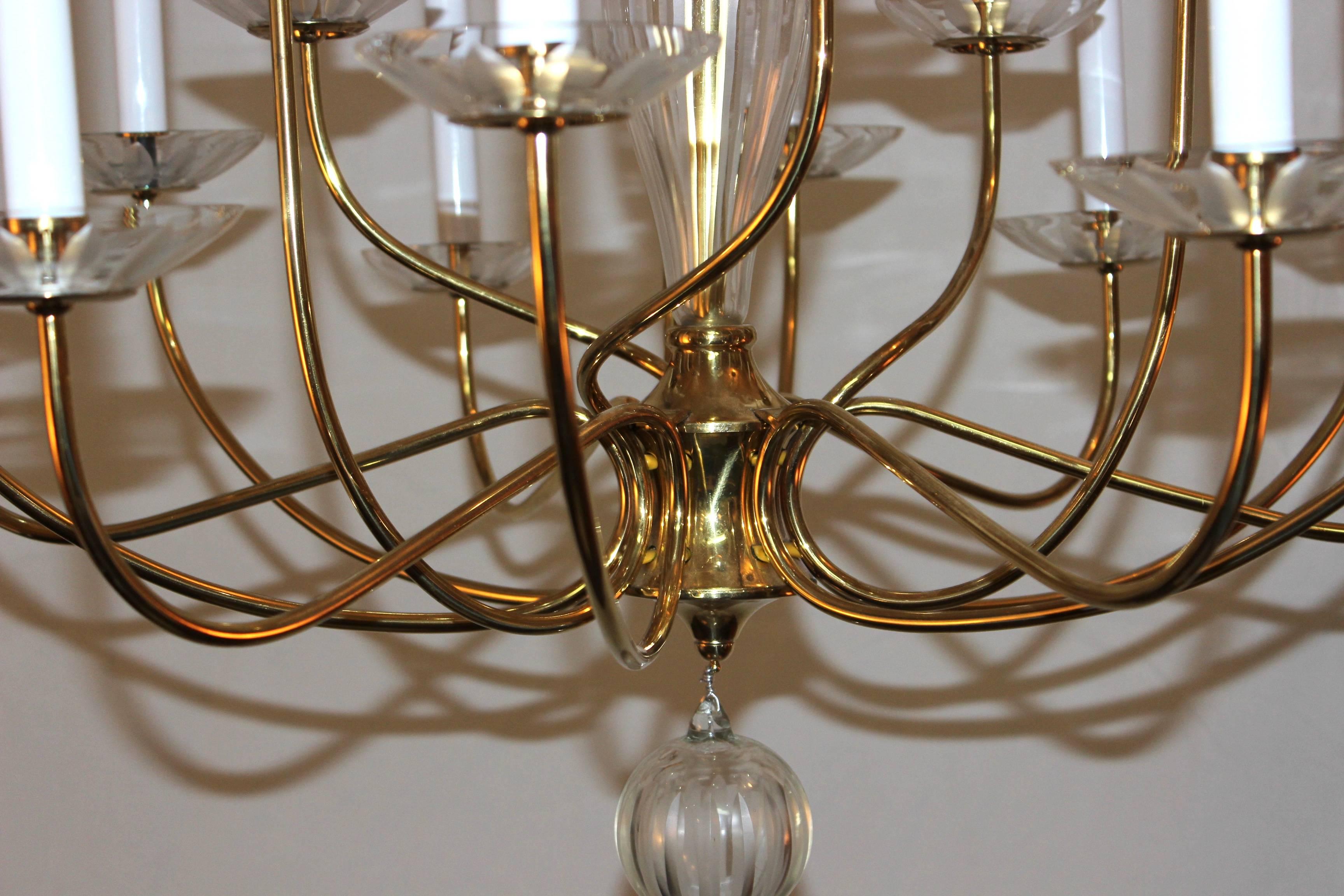 Mid-Century Modern Lightolier Modern Brass and Cut-Glass Chandelier