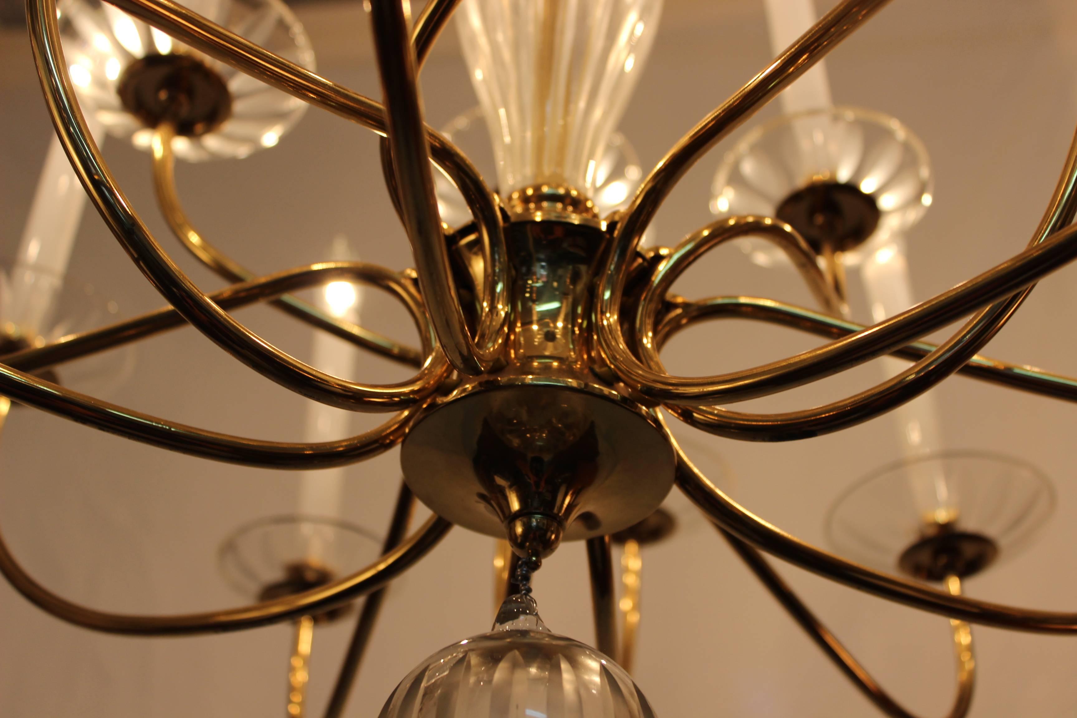Lightolier Modern Brass and Cut-Glass Chandelier In Good Condition In New York, NY