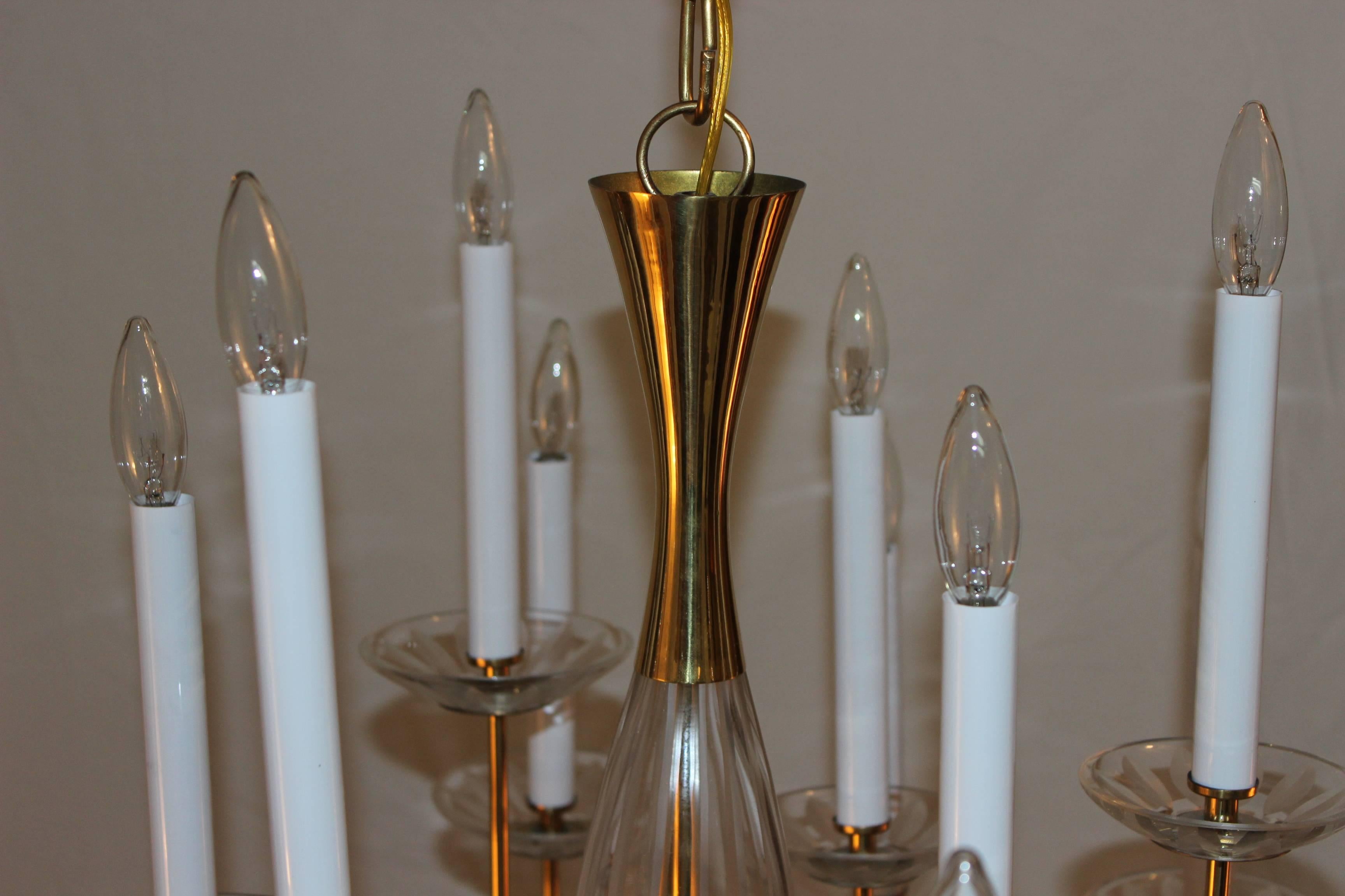 Lightolier Modern Brass and Cut-Glass Chandelier 2