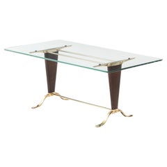 Paolo Buffa Style Brass And Walnut Coffee Table With Kidney Shape Glass Top