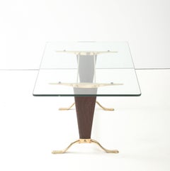 Paolo Buffa Style Brass And Walnut Coffee Table With Kidney Shape Glass Top