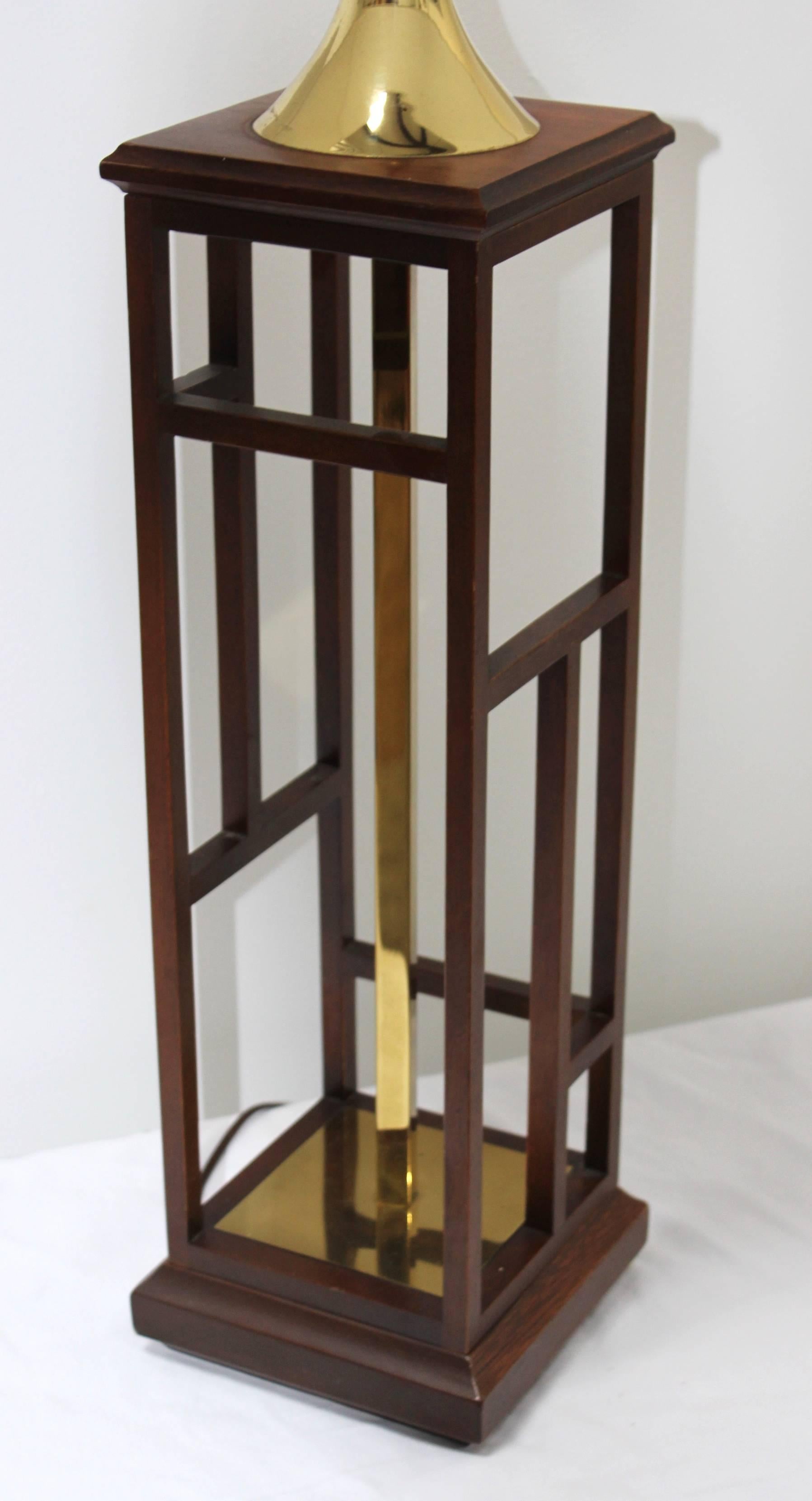Mid-Century Modern 1960s Architectural Brass and Walnut Table Lamp