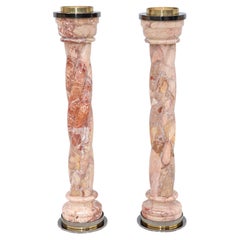 1980's Spiral Marble Steel And Brass Large Candle Holders