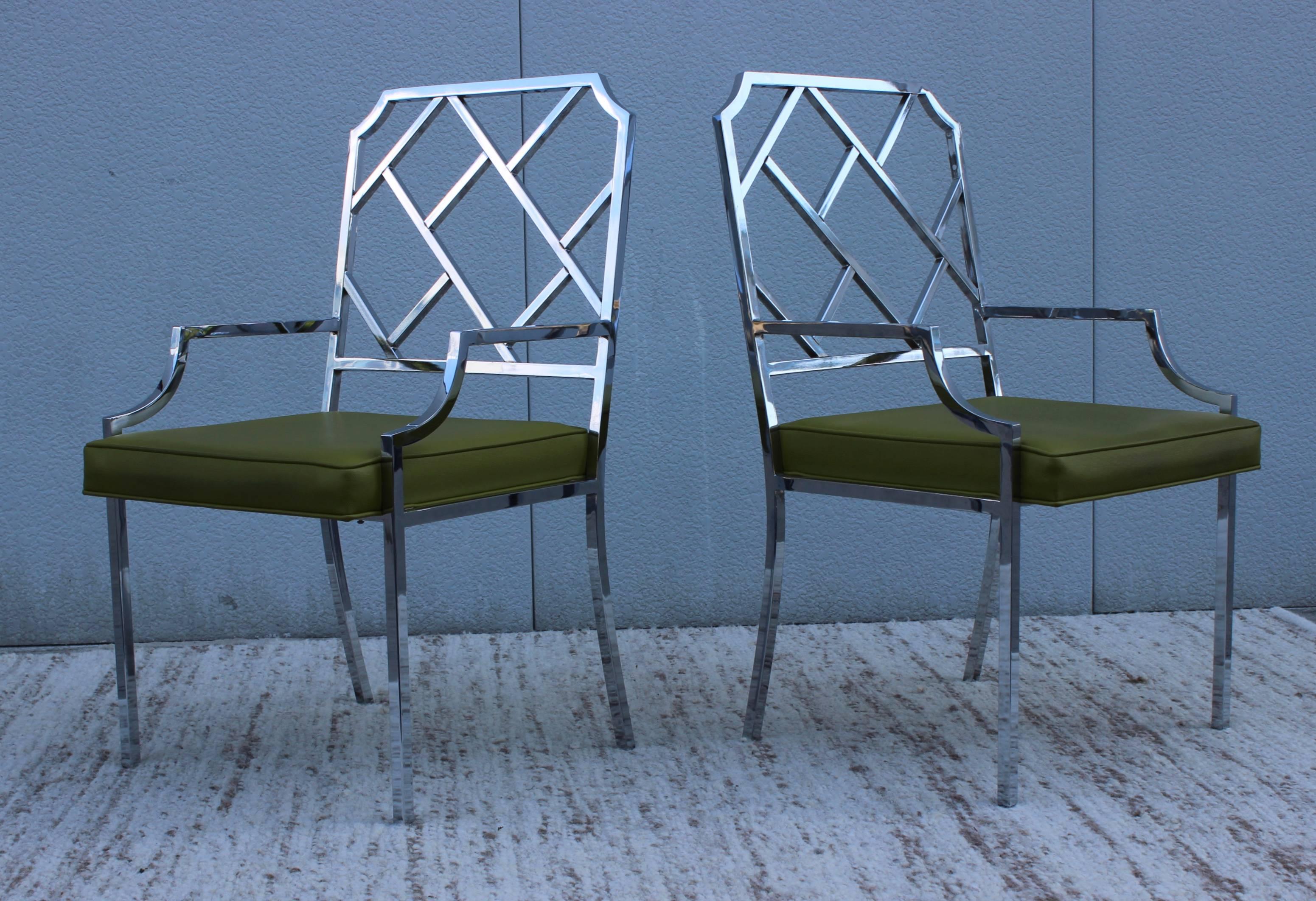 Pair of 1970s Milo Baughman for DIA chrome armchairs, newly upholstered.