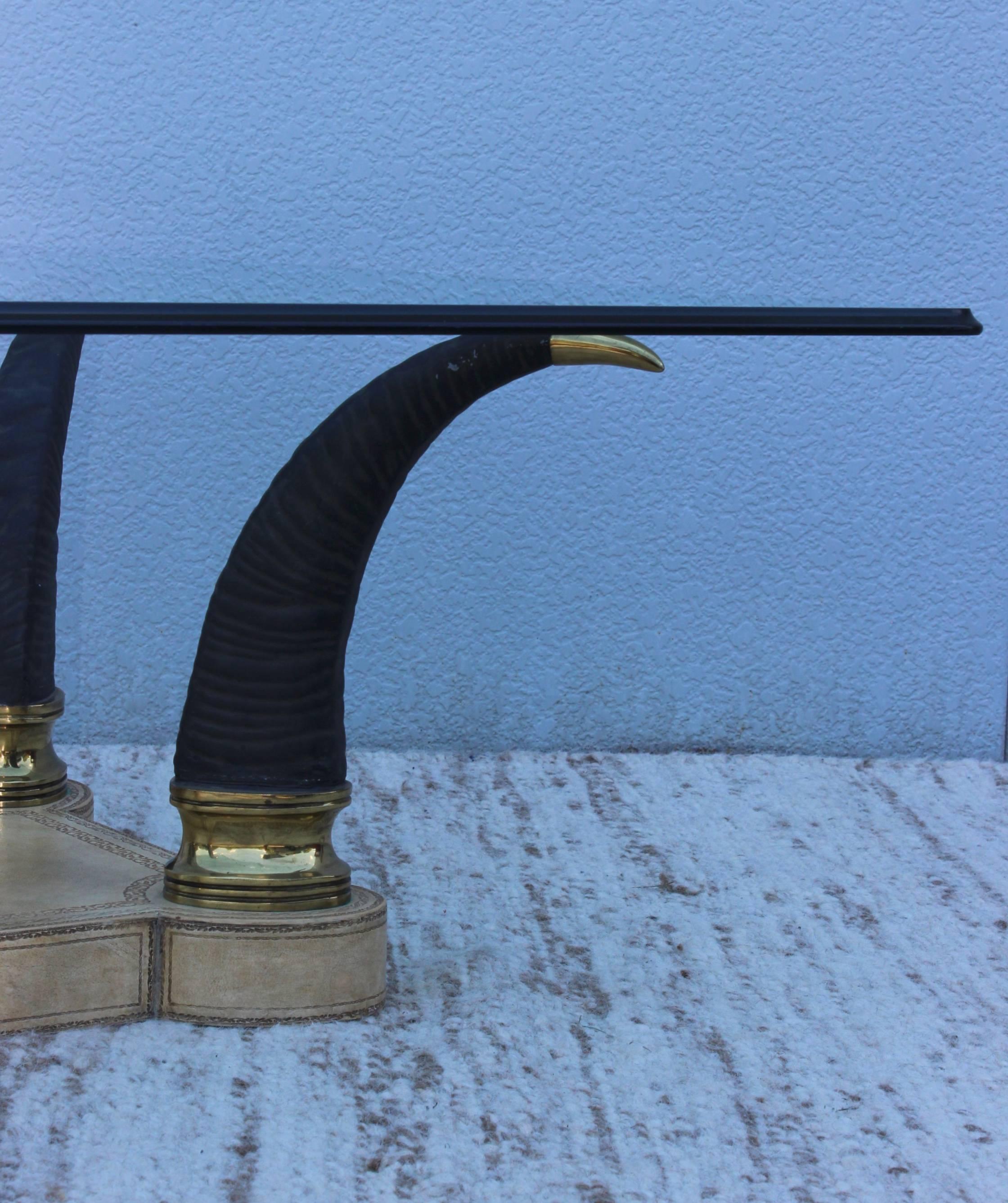 American 1980s Faux Horn Brass and Leather Coffee Table