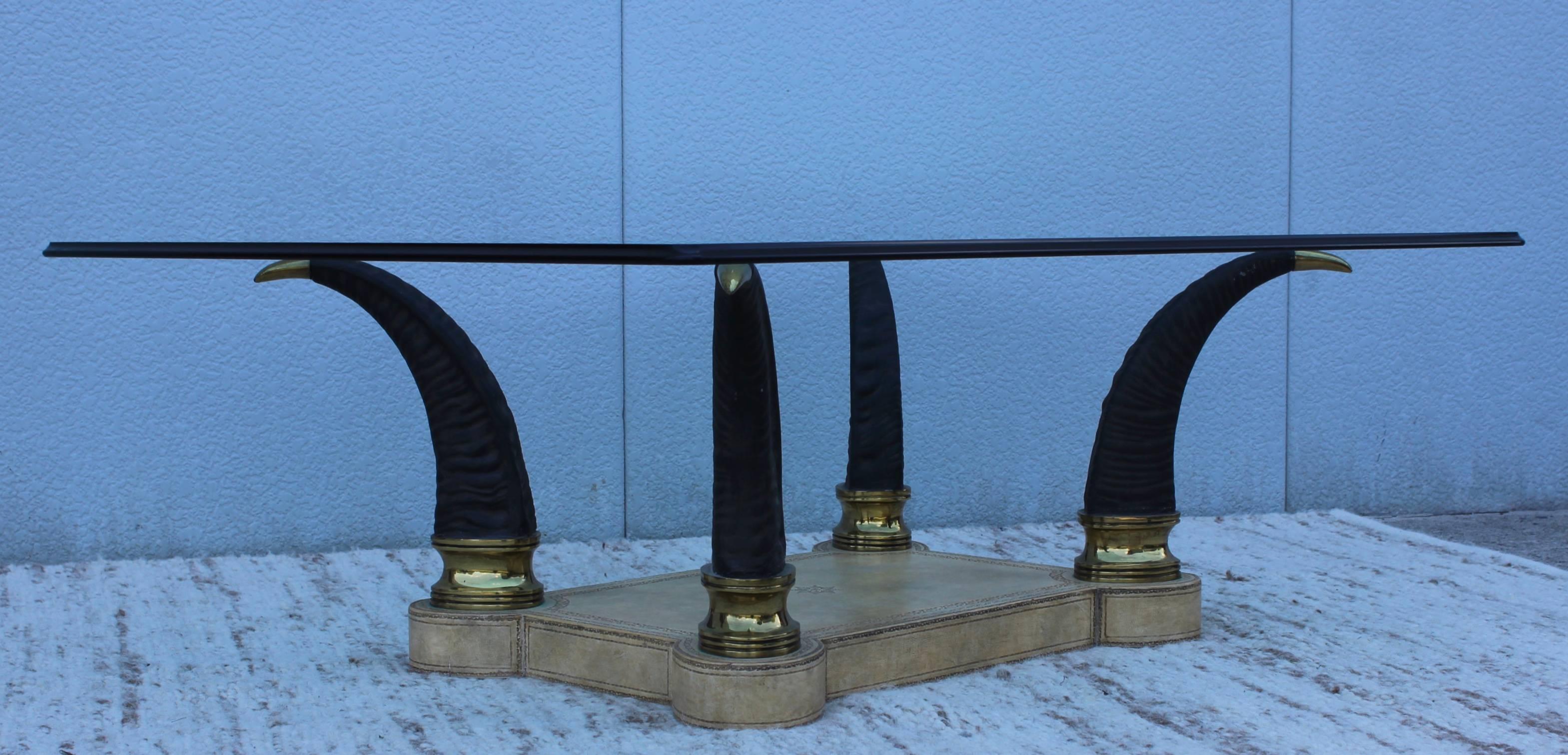 1980s Faux Horn Brass and Leather Coffee Table In Good Condition In New York, NY