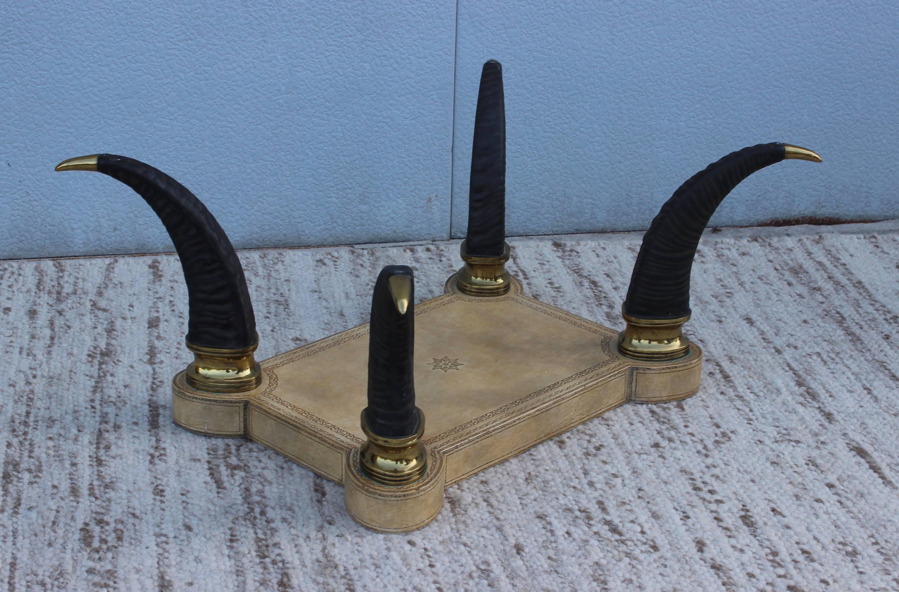 20th Century 1980s Faux Horn Brass and Leather Coffee Table