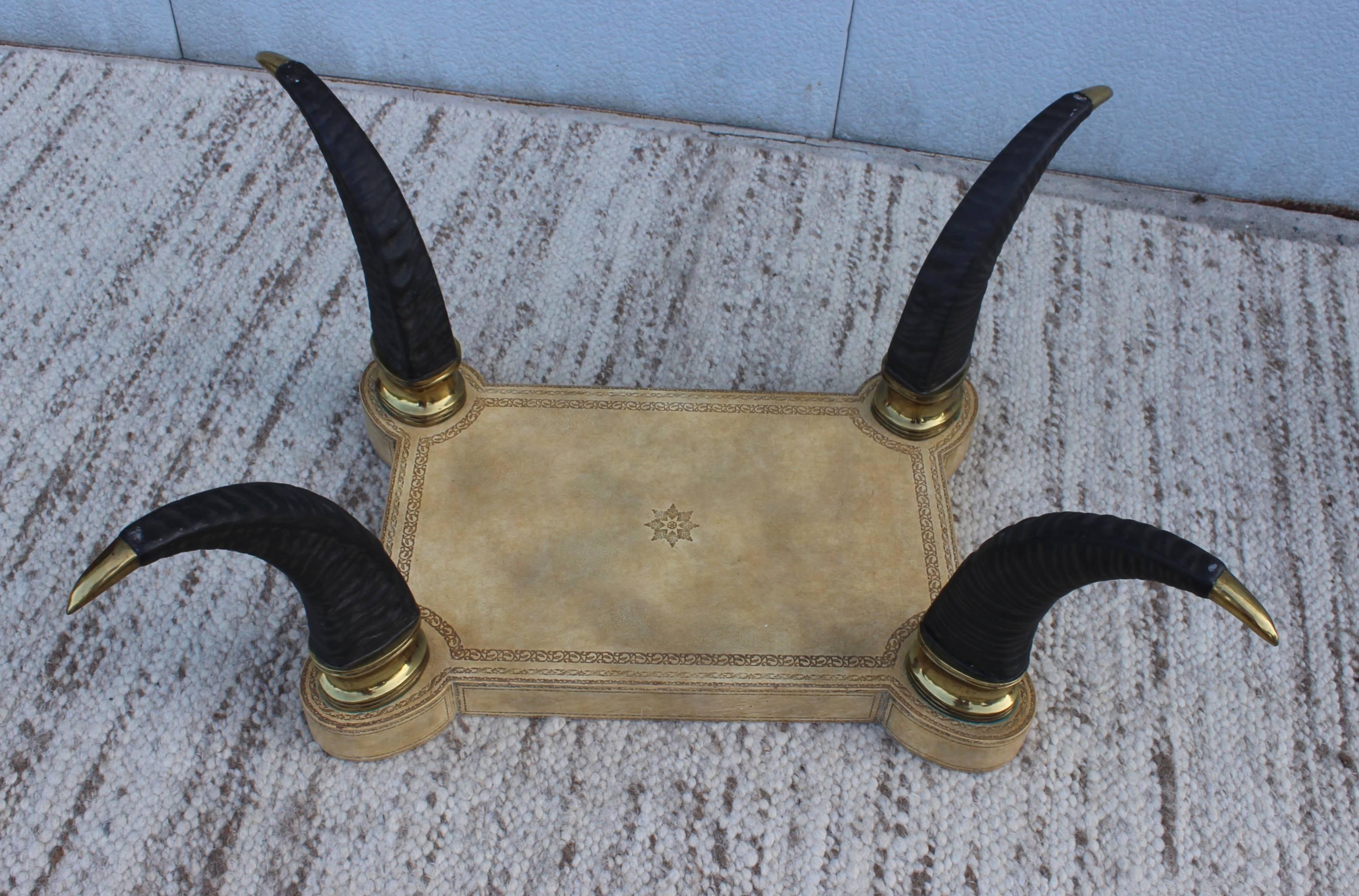 1980s Faux Horn Brass and Leather Coffee Table 2