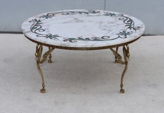 1950's Solid Brass Swan Legs Italian Coffee Table With Inlay Carrara Marble Top
