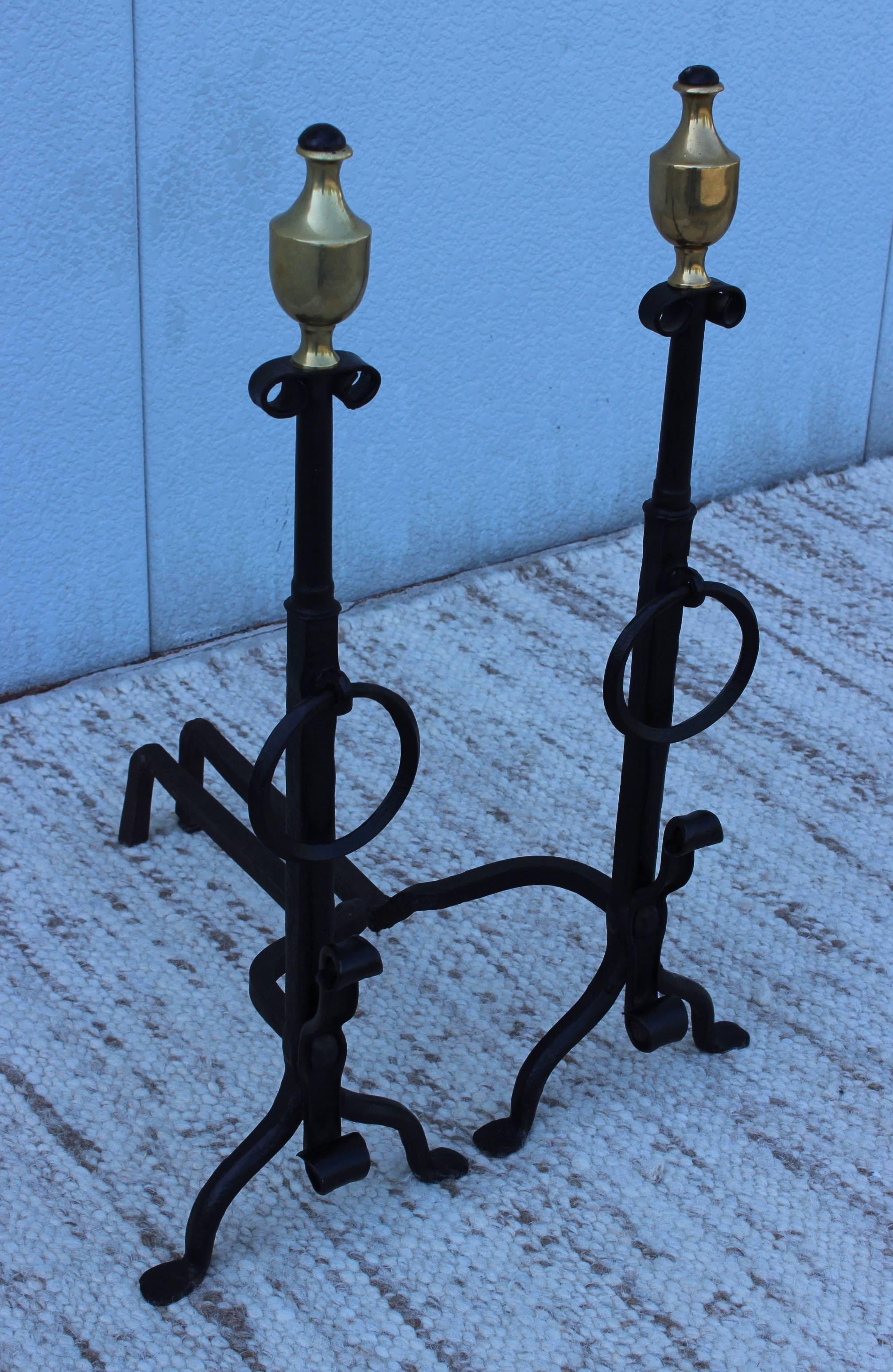 American Massive Iron and Bronze Andirons