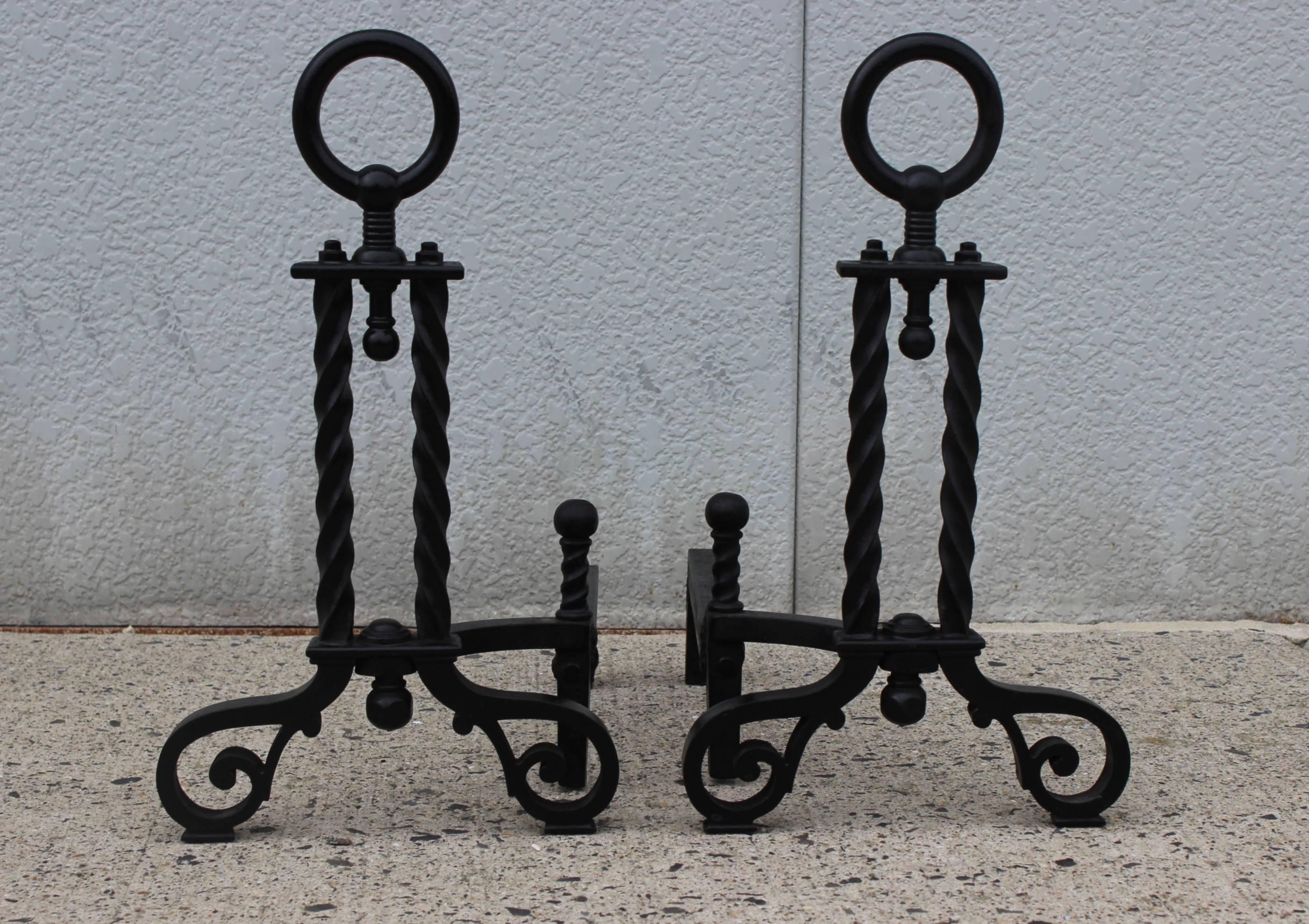 1920s Bradley & Hubbard cast iron Art & Crafts style andirons, signed and numbered.