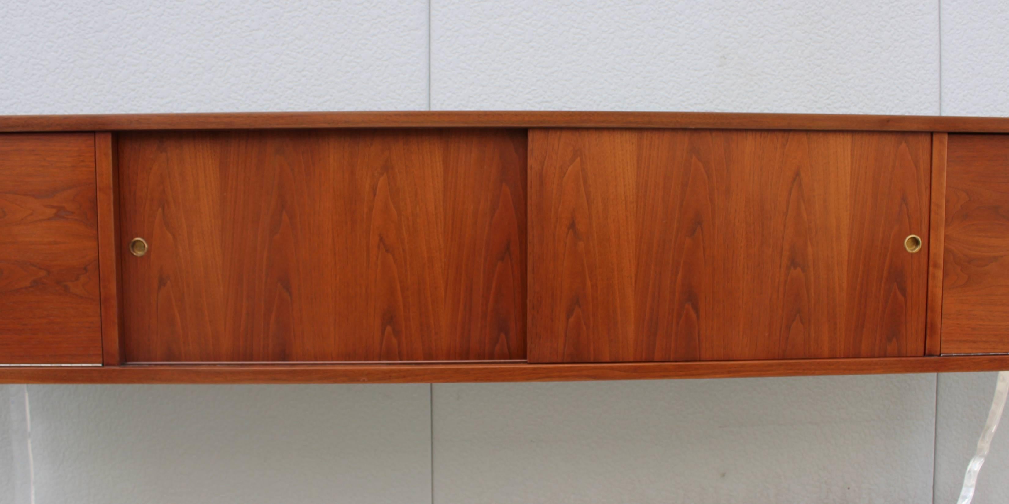 Mid-Century Modern Long Walnut Wall-Mounted Cabinet or Credenza
