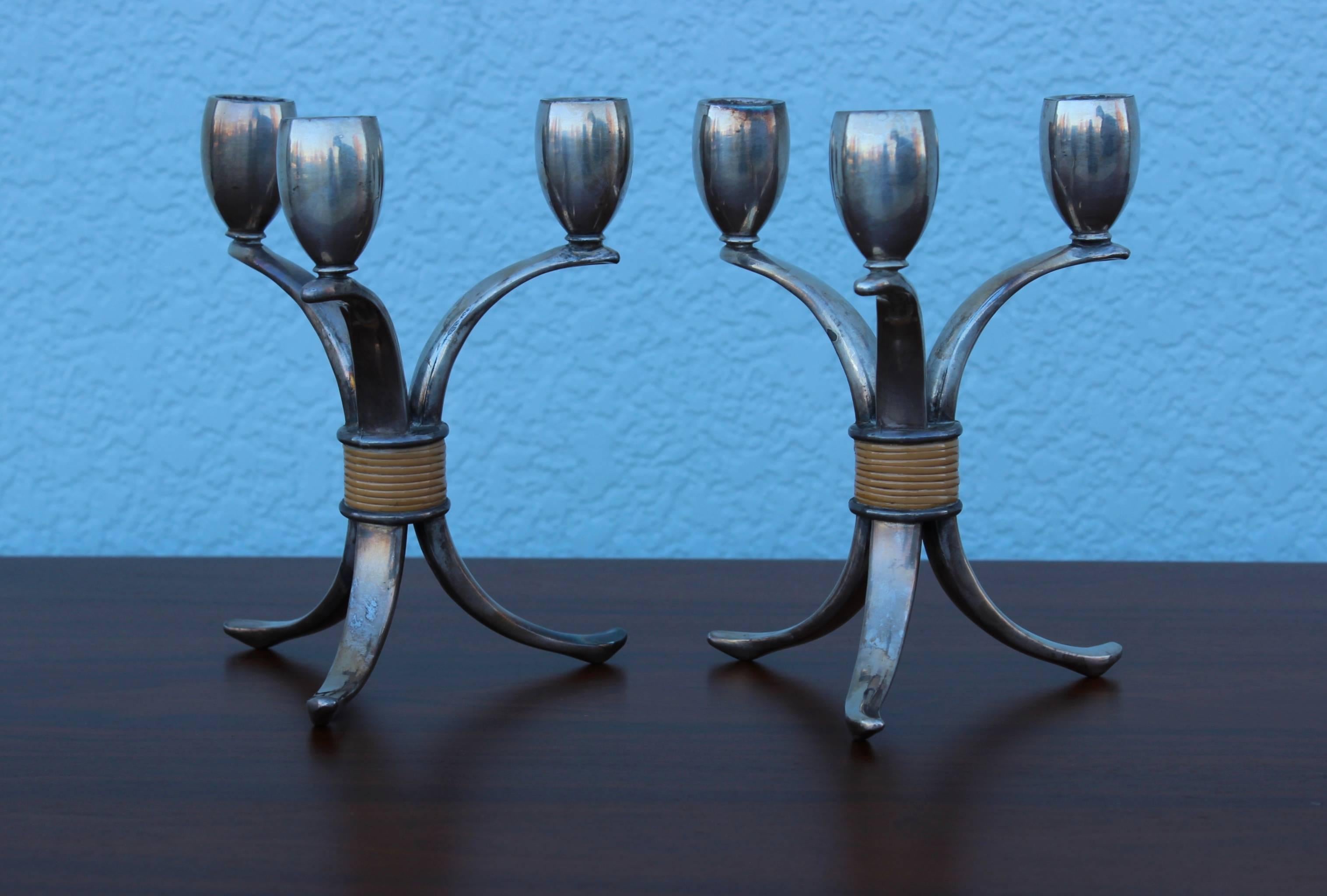 1950s, Rogers Bros silver plate tripod candlesticks from the 