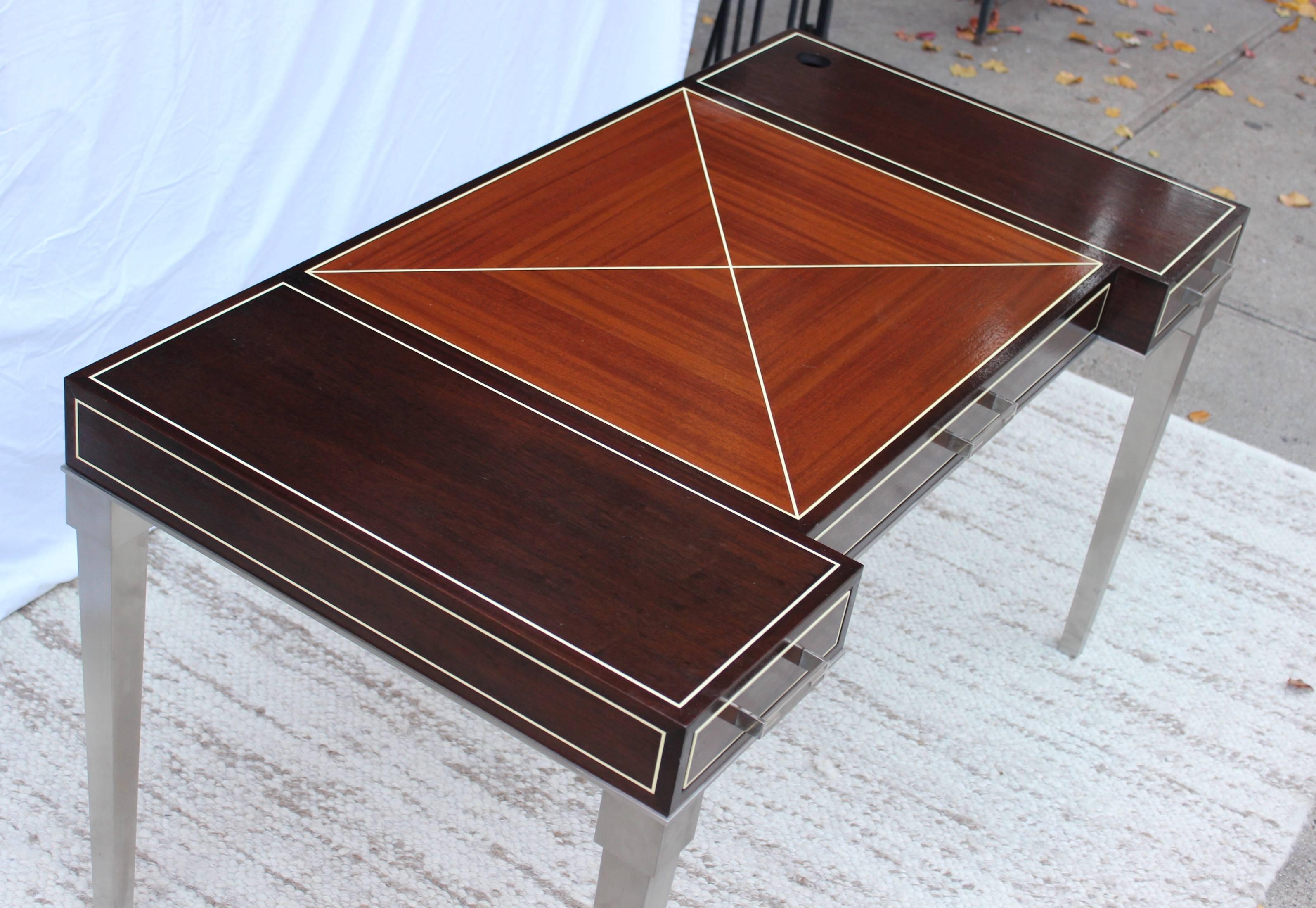 Fabulous 1980s custom-made desk, with inlay detail, brushed chrome base and three drawers.