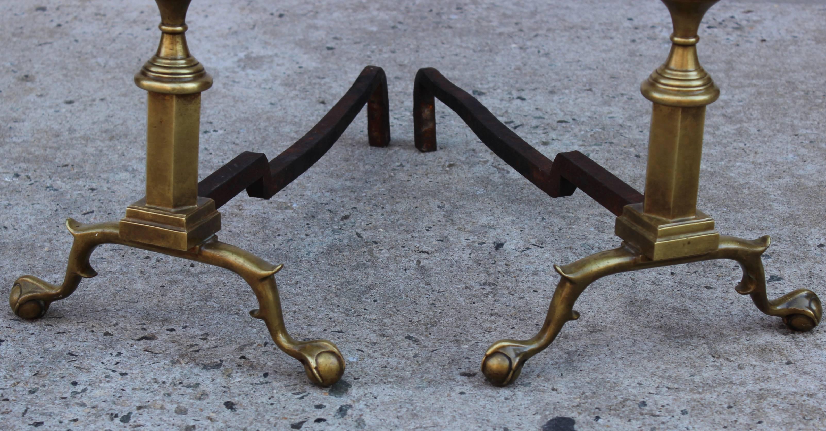 American 1940s Art Deco Brass Andirons