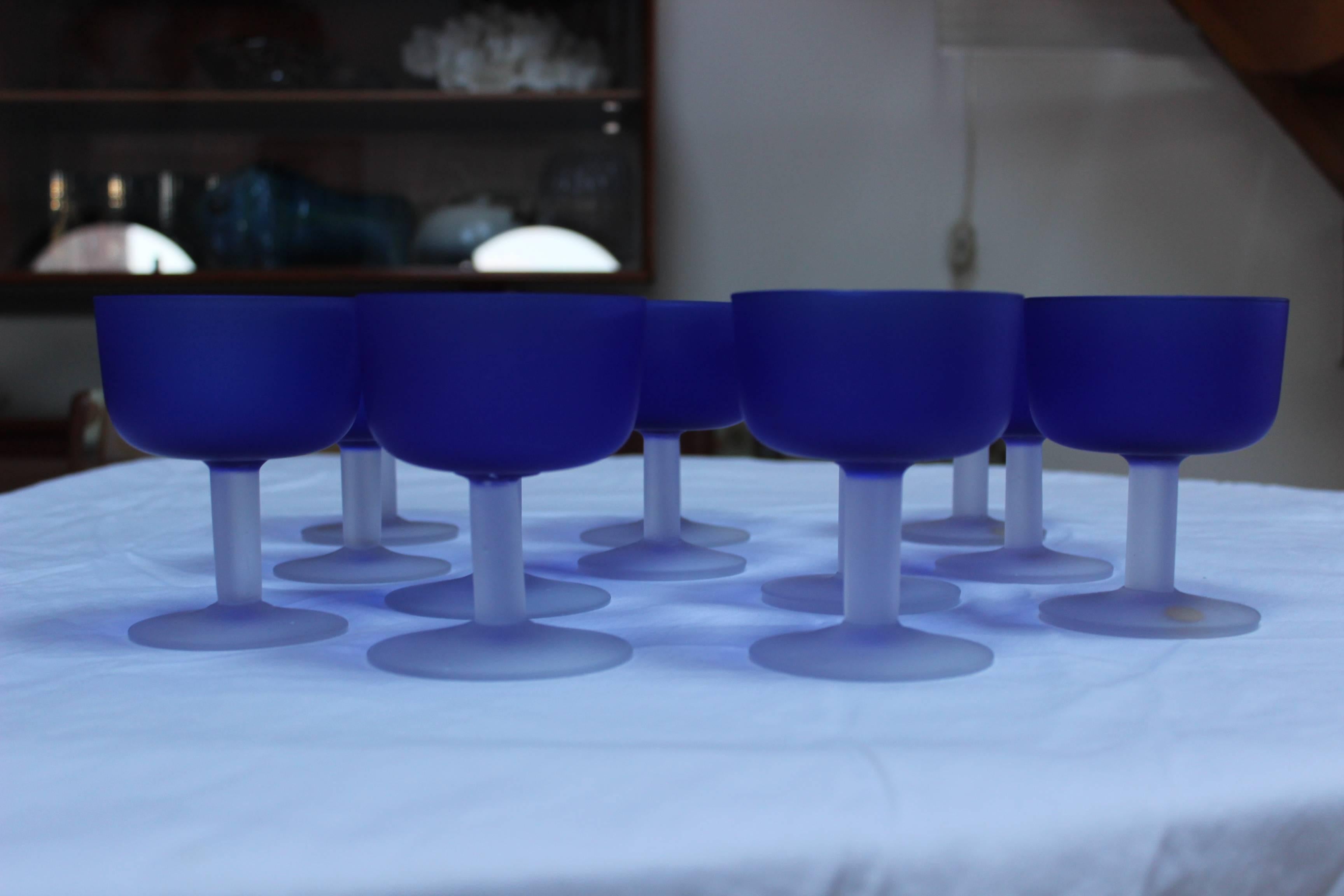 Mid-Century Modern 1970's Blue Glass Italian Set Of 12  Glass Goblets For Sale