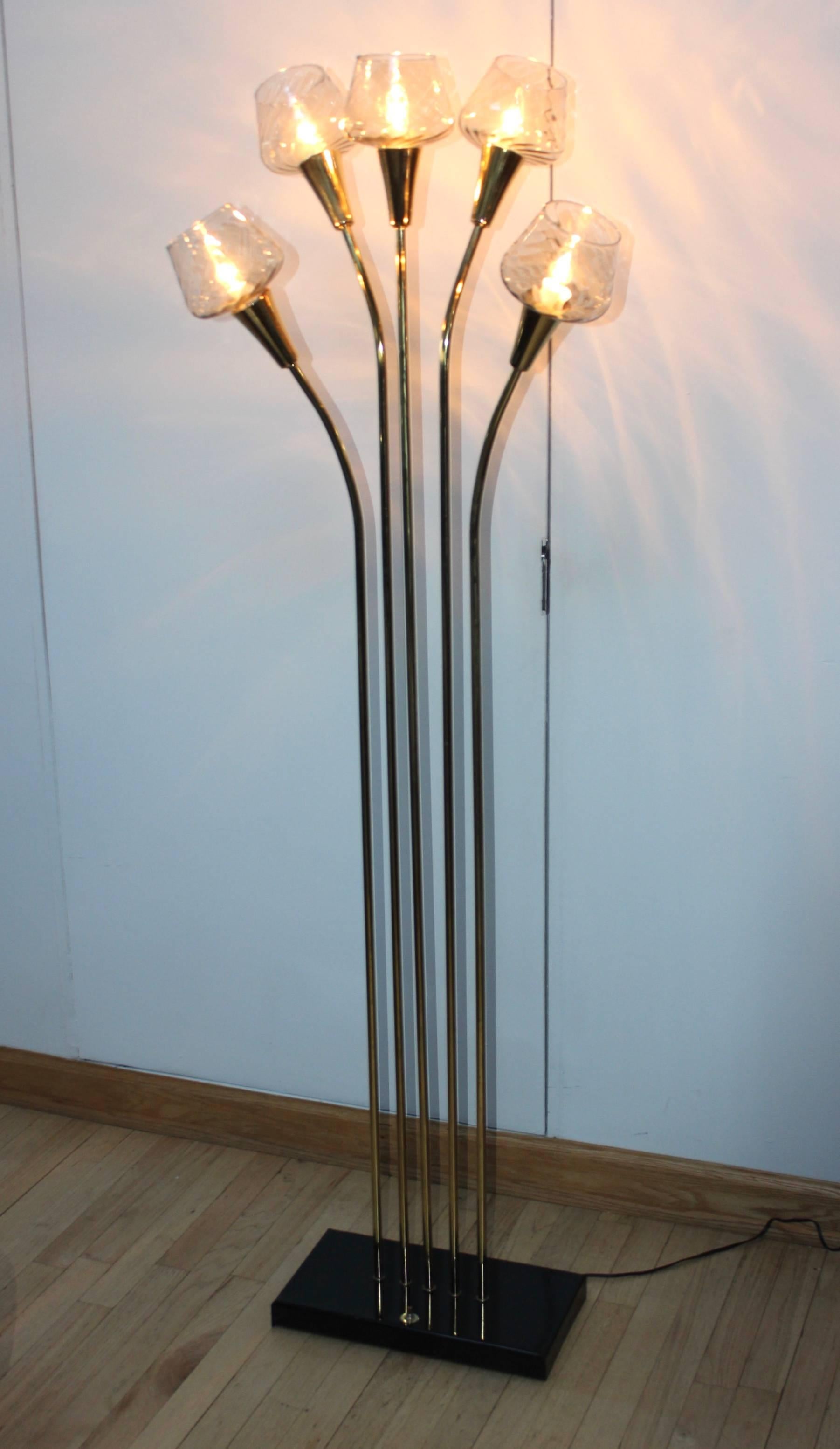 Stunning 1970s modern five-arm Italian brass floor lamp.