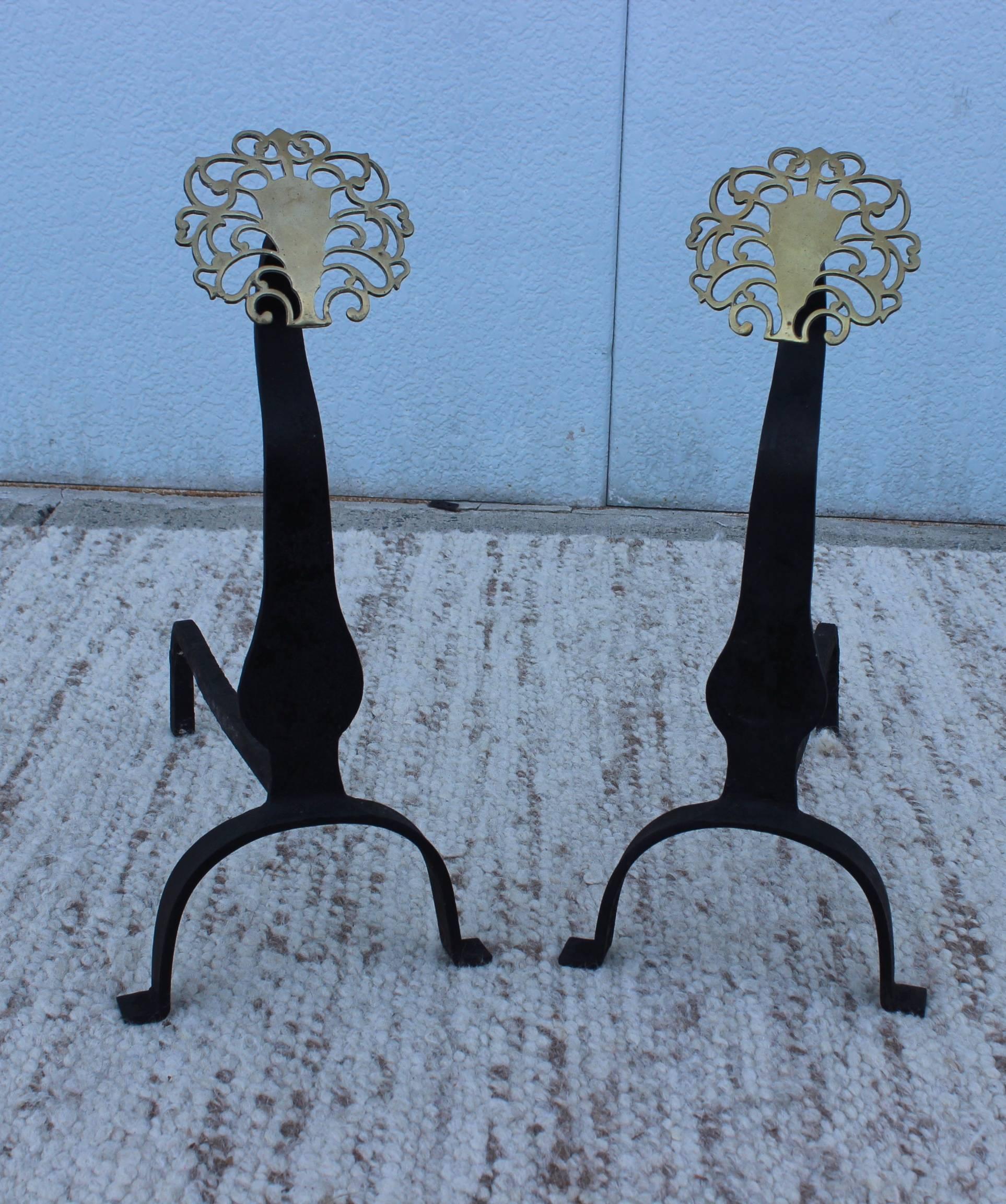 Mid-Century Modern 1940s English Brass Medallion Andirons  For Sale