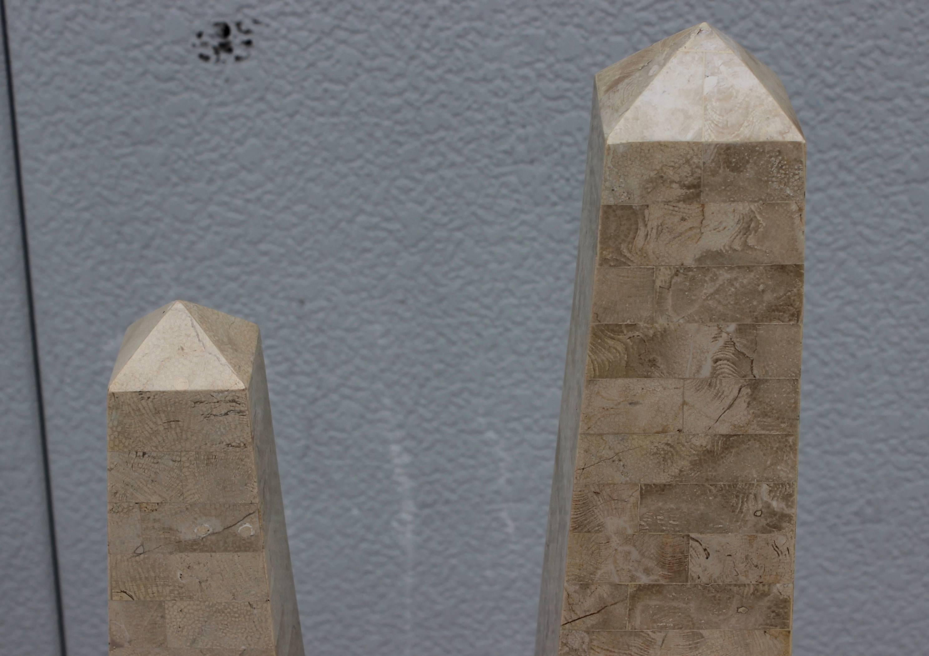 Brass 1970s Maitland Smith Style Tessellated Stone Obelisks For Sale
